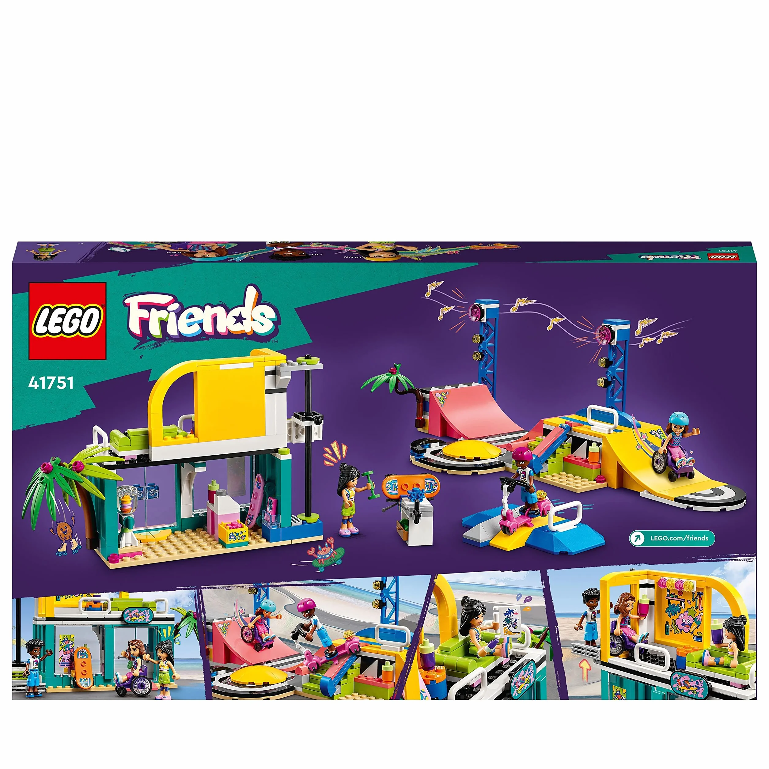 LEGO Friends Skate Park, Set con Rampa da Skateboard, Giochi per Bambine e Bambini dai 6 Anni con Personaggi 2023, Monopattino e Sedia a Rotelle 41751