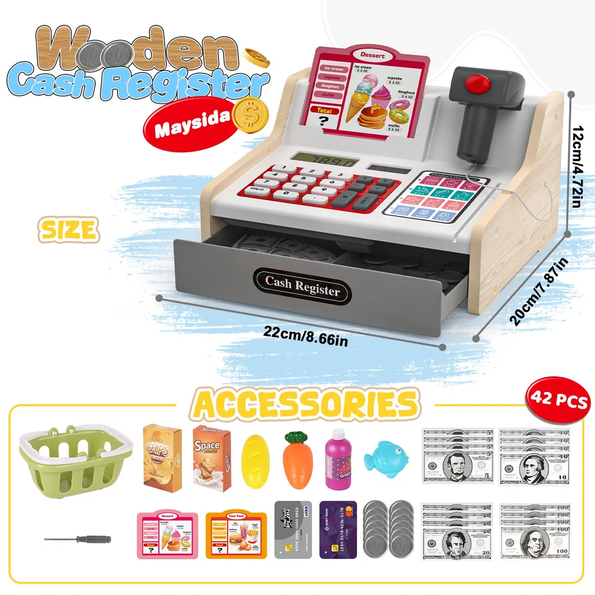 maysida Cassa Giocattolo in Legno con Scanner e Suoni per Bambini 3-5 Anni, Set Negozio con Monete, Carte, Carrello e Cibo Natale o Compleanno