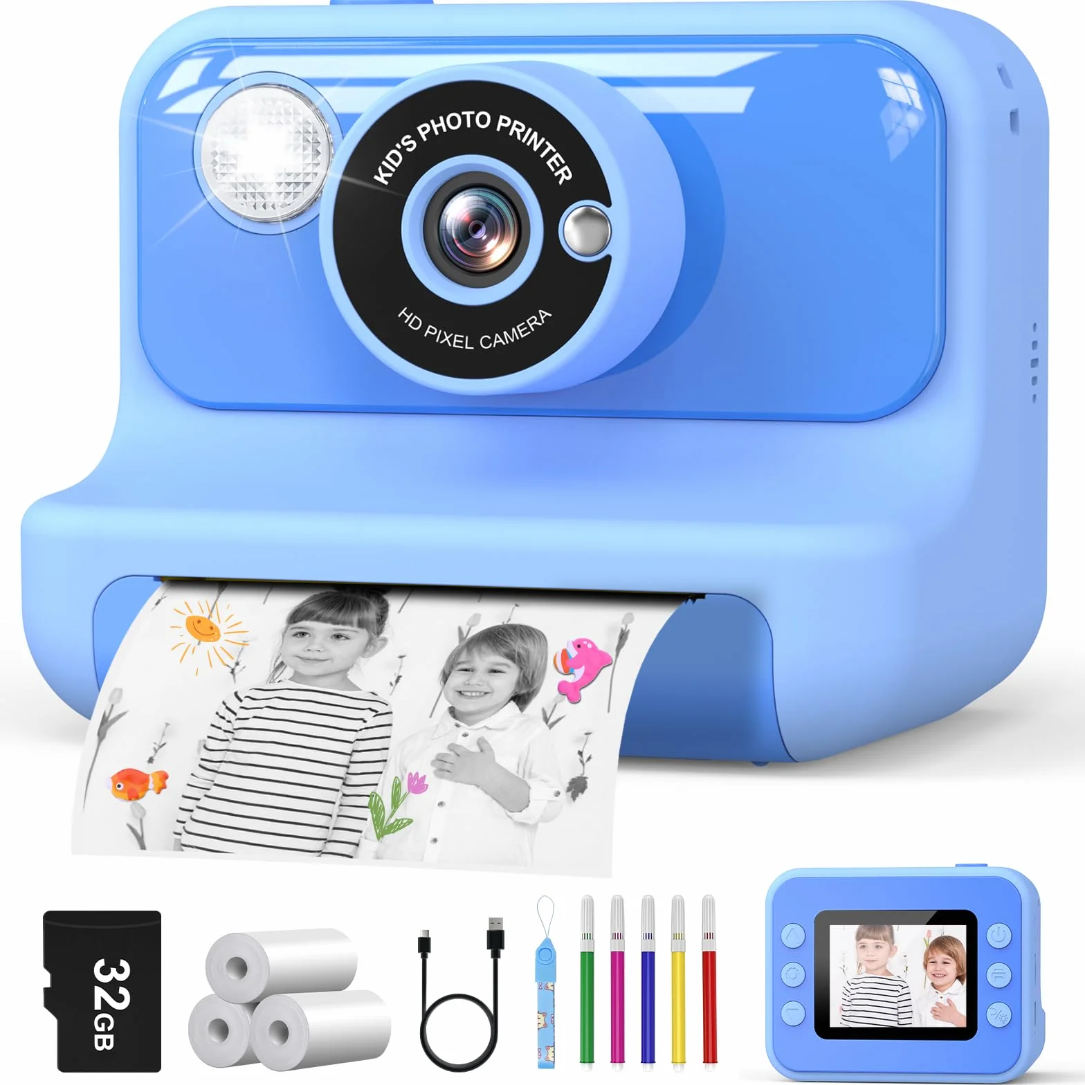Hangrui Macchina Fotografica Bambini Istantanea, 2,4 Pollici Fotocamera Istantanea Bambini con 32G Scheda,20MP/1080P Fotocamera Digitale,Giocattolo Regalo per Ragazze Ragazzi dai 3-10 Anni-Blu