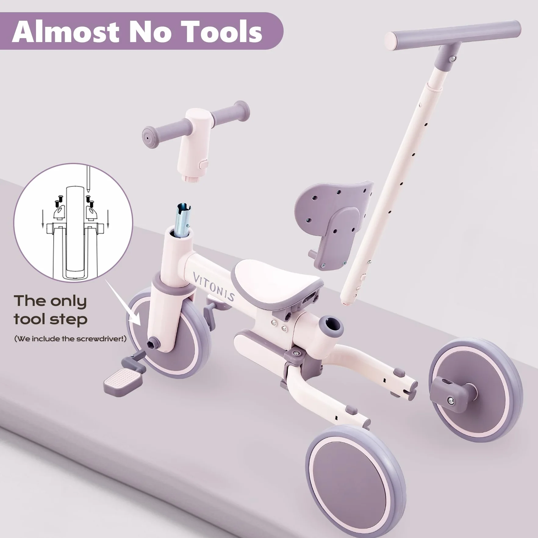 VITONIS bicicletta senza pedali da 1 anno, triciclo 5 in 1 con barra di spinta per bambini, girello per bambini da 1 a 3 anni Regali e giocattoli (viola)