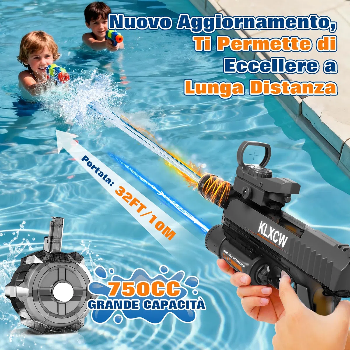 IEEILULU Pistola ad Acqua Elettrica, Electric Water Gun con Luce, Fucile ad Acqua Elettrico da 750 mL, Ideale per I Giochi di Tiro con Le Pistole ad Acqua (Nero-1)