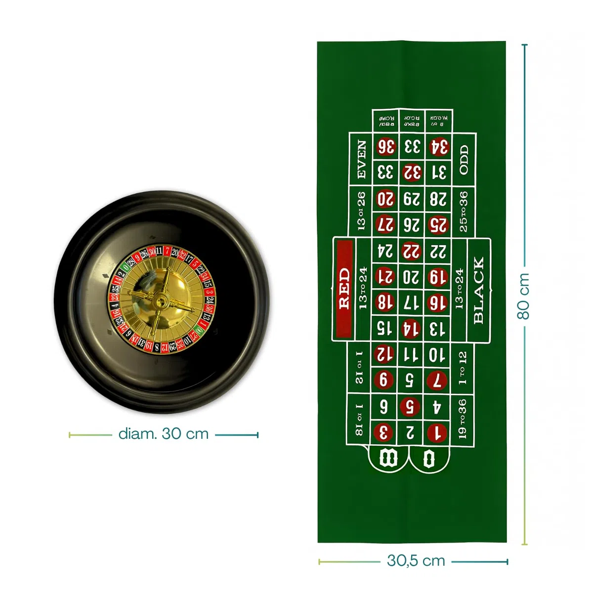 PALUPLUS Set da Casinò Completo con Roulette da 30 cm, Panno Verde da 80x30,5 cm, 1 Mazzo di 54 Carte, 60 Fiches e Rastrello, kit da tavola per serate in famiglia e feste -9303C -1,37