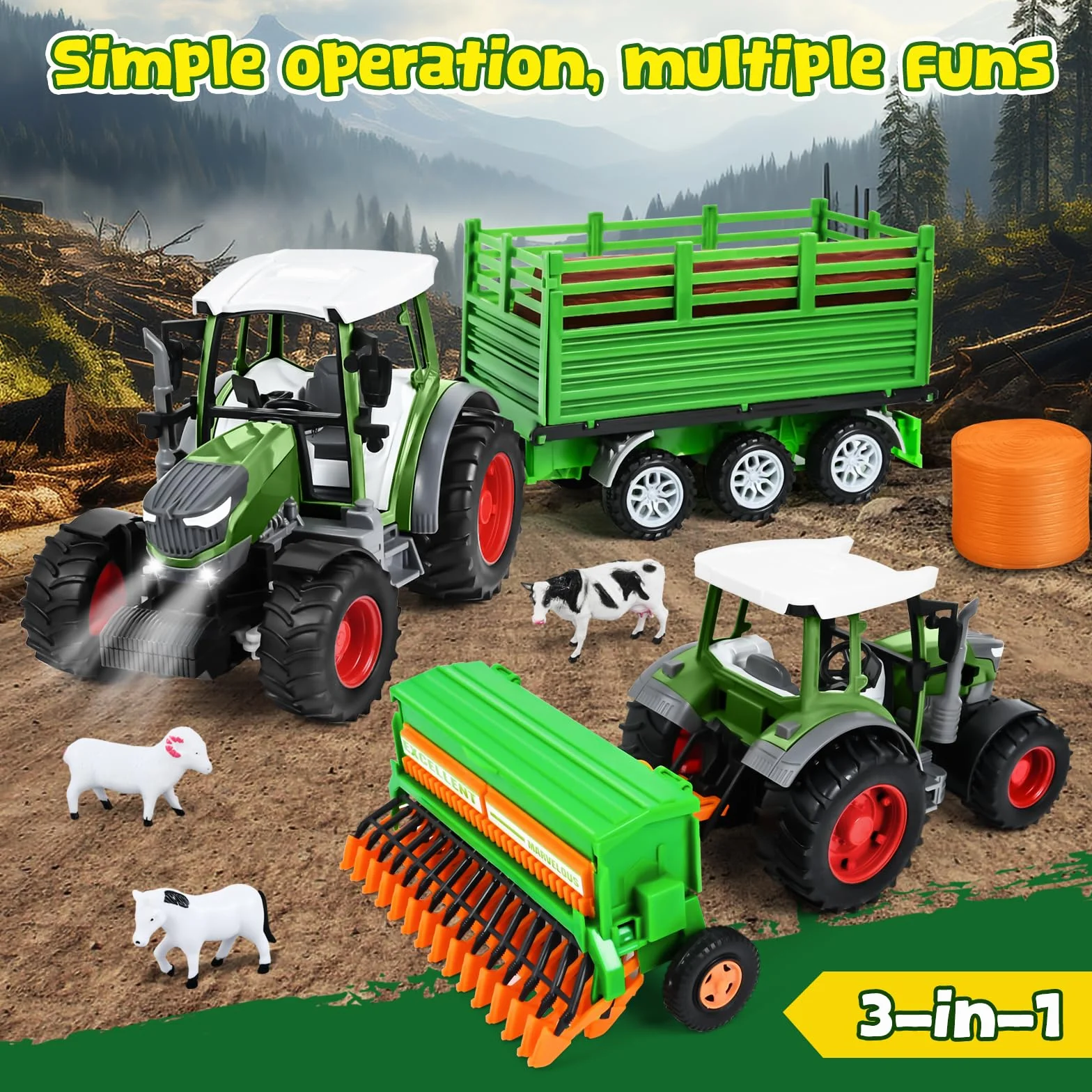PATEMZON RC Trattore Telecomandato per Bambini, Trattore Agricolo con Aratro e Luce, Set di Trattore Radiocomandato con Rimorchio Giocattolo, Mucca, Pecora, Troncs d'Arbre e Balle, Verde