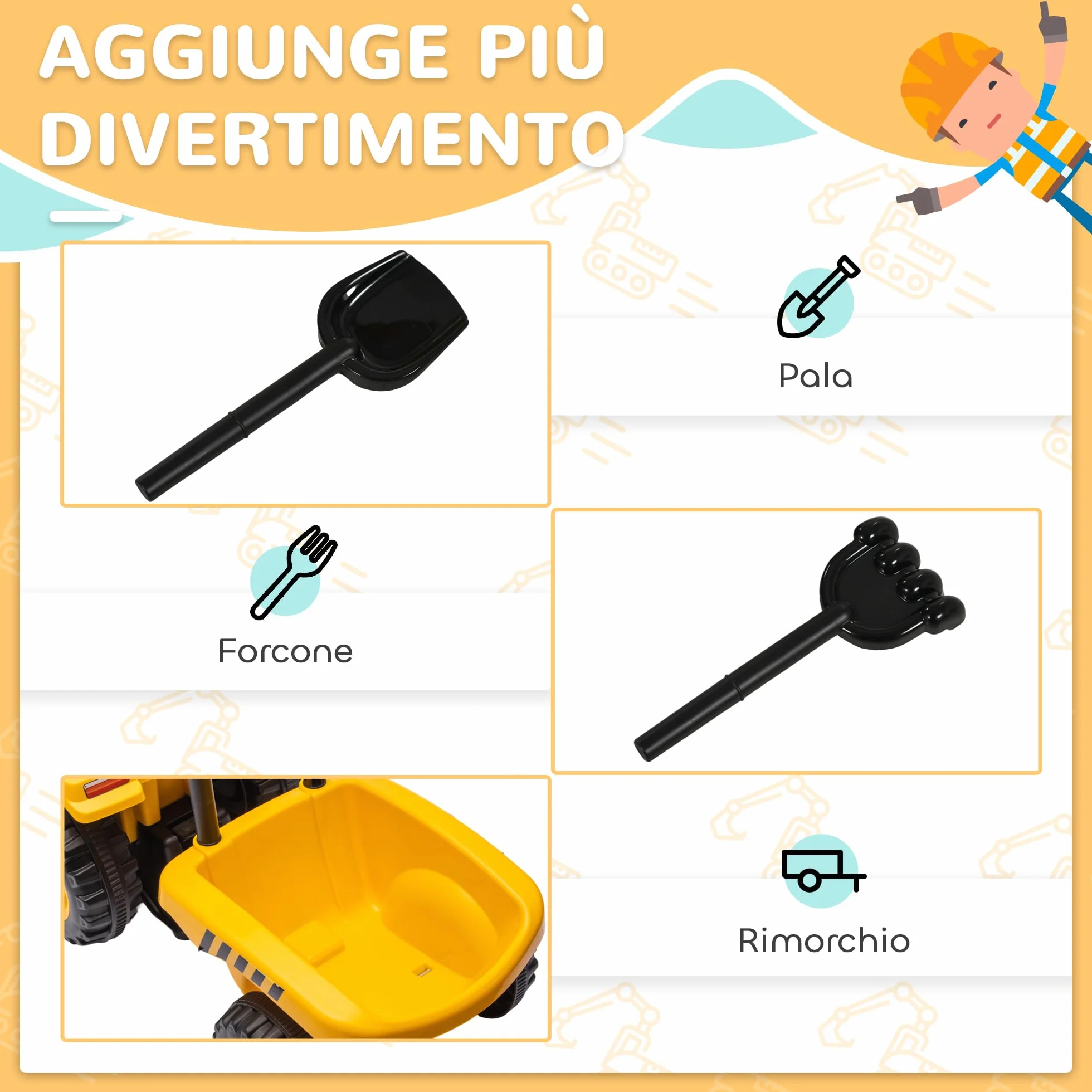 AIYAPLAY Camion Giocattolo per Bambini 12-36 Mesi con Pala e Rimorchio Integrati, Escavatore per Bambini Cavalcabile in PP e Metallo, 91x29x44 cm, Giallo