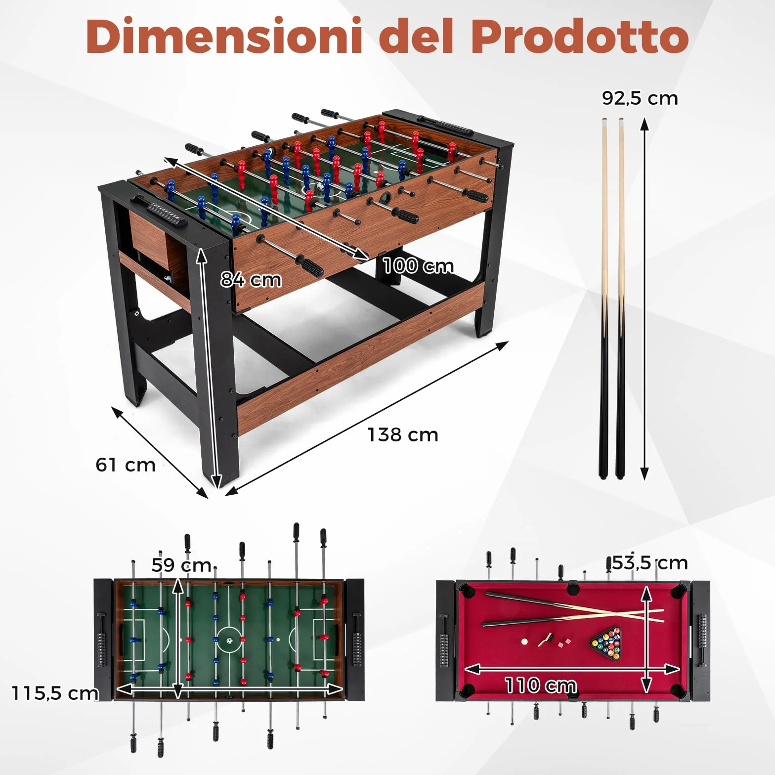 COSTWAY 2 in 1 Calcio Balilla, Tavolo da Biliardo con 2 Palline, Stecche Triangolo Spazzola e Gessetti, Tavolo Multigioco per Casa Sala Giochi e Feste