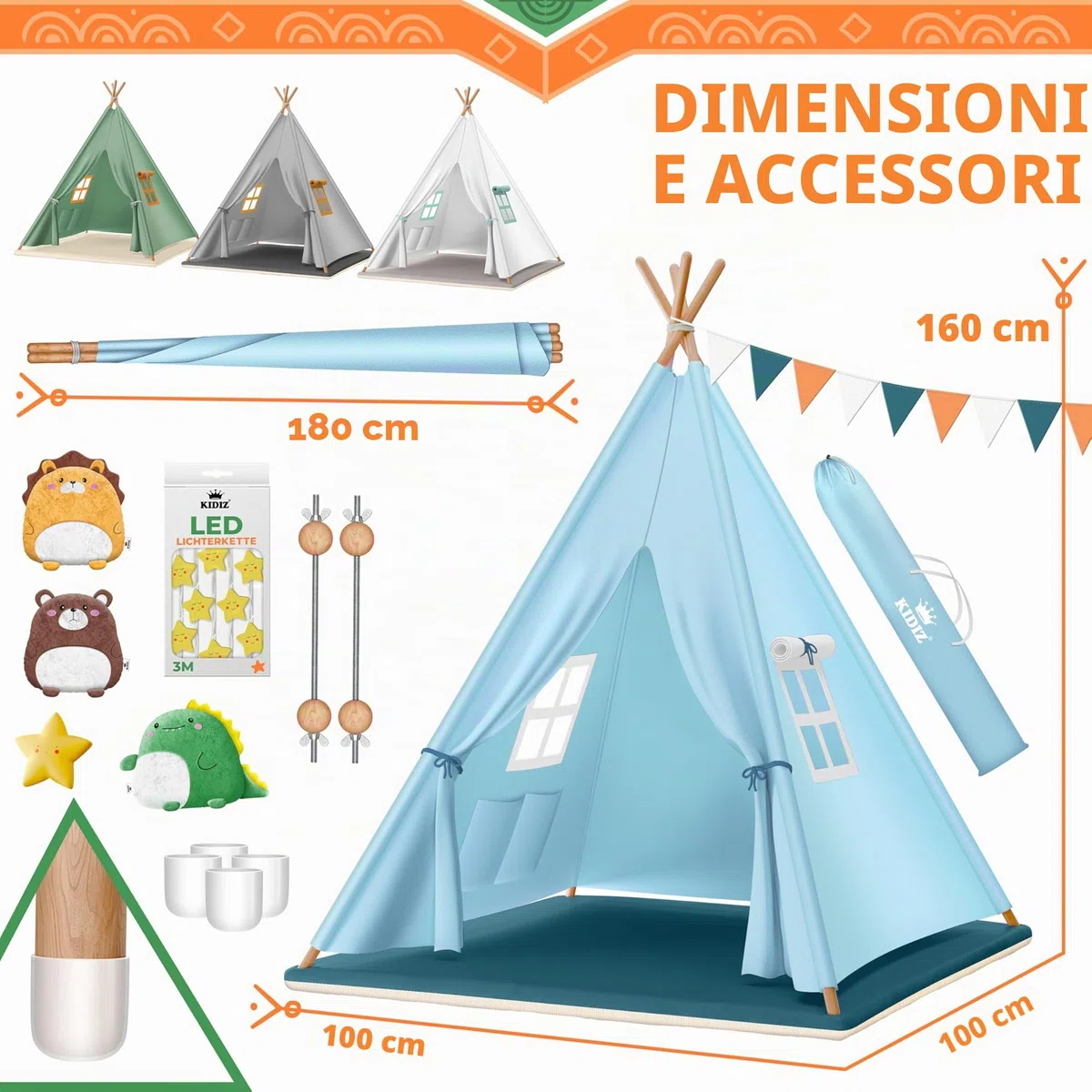 KIDIZ® Tipi Tenda da gioco per bambini 100 x 100 x 160 cm cotone con LED