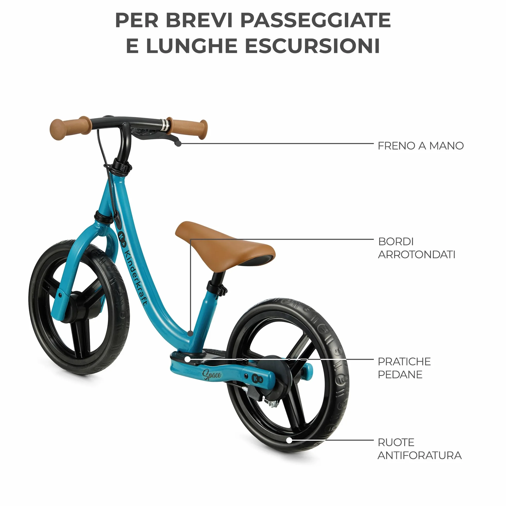 Kinderkraft SPACE2 Bicicletta bambini 3-5 anni, Bici senza pedali, 12 polici ruote, Design sportivo, Regolazione della sella, Montaggio facile, Struttura leggera
