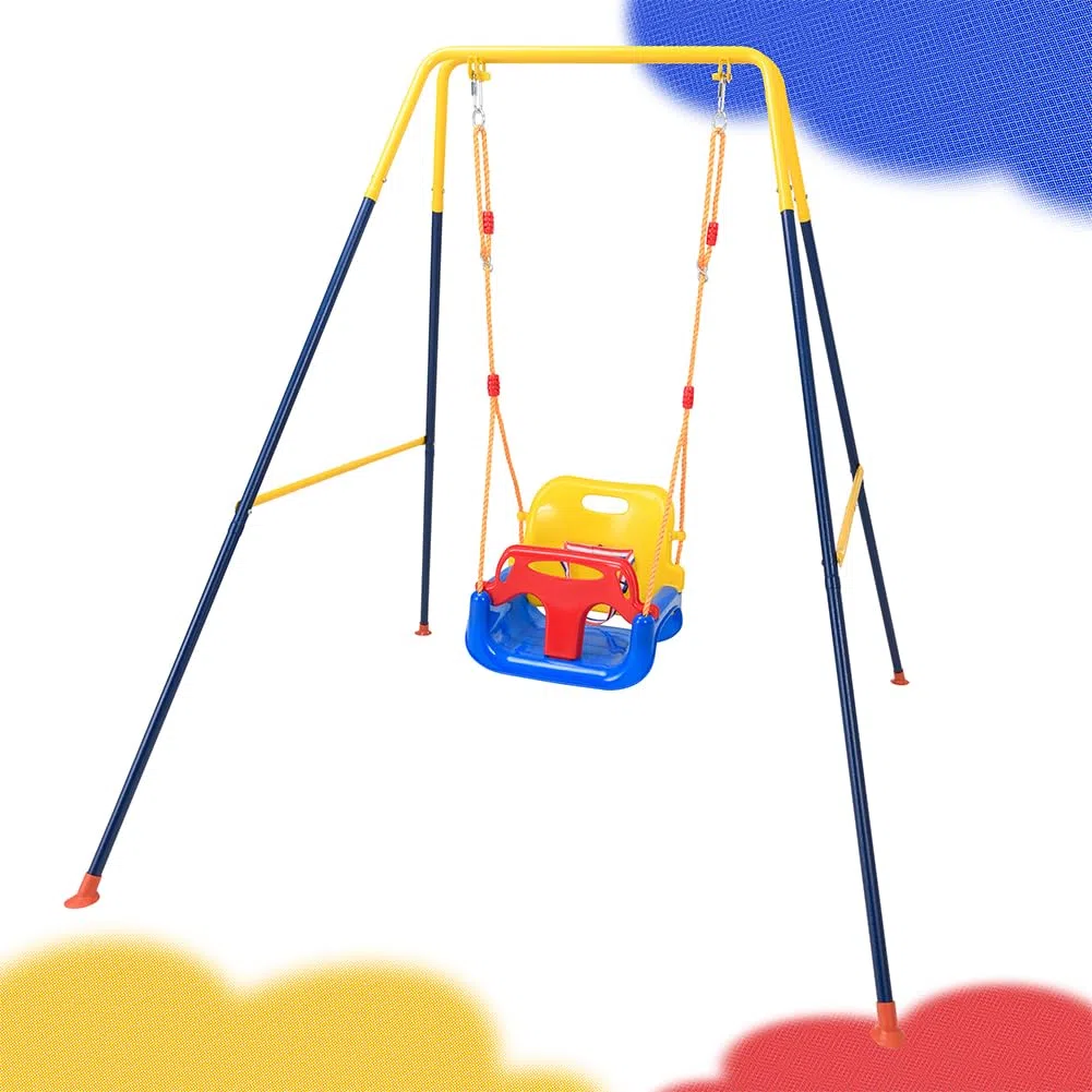 BAKAJI Altalena 3 in 1 per Bambini da Giardino, Resistente con Struttura in Acciaio e 4 Sacchi di Sabbia per Fissaggio Al Terreno, Sediolino con Cinture di Sicurezza e Schienale, Indoor/Outdoor