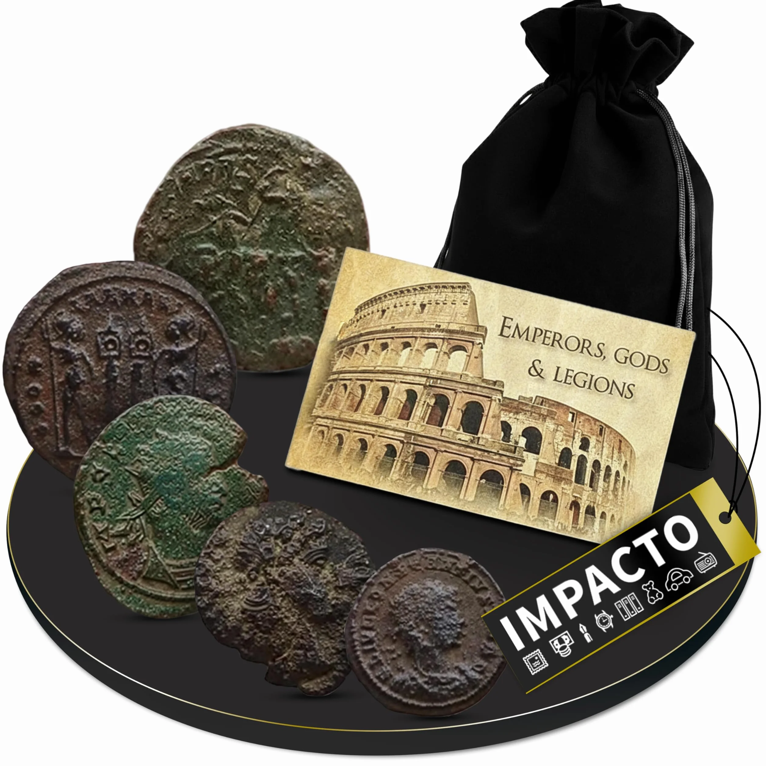 IMPACTO COLECCIONABLES | Autentiche Monete Romane Antiche 300–400 d.C. | Collezione dell’Impero con Imperatori, dei e Legioni | Selezionate da Esperti e Presentate in Sacchetto di Velluto