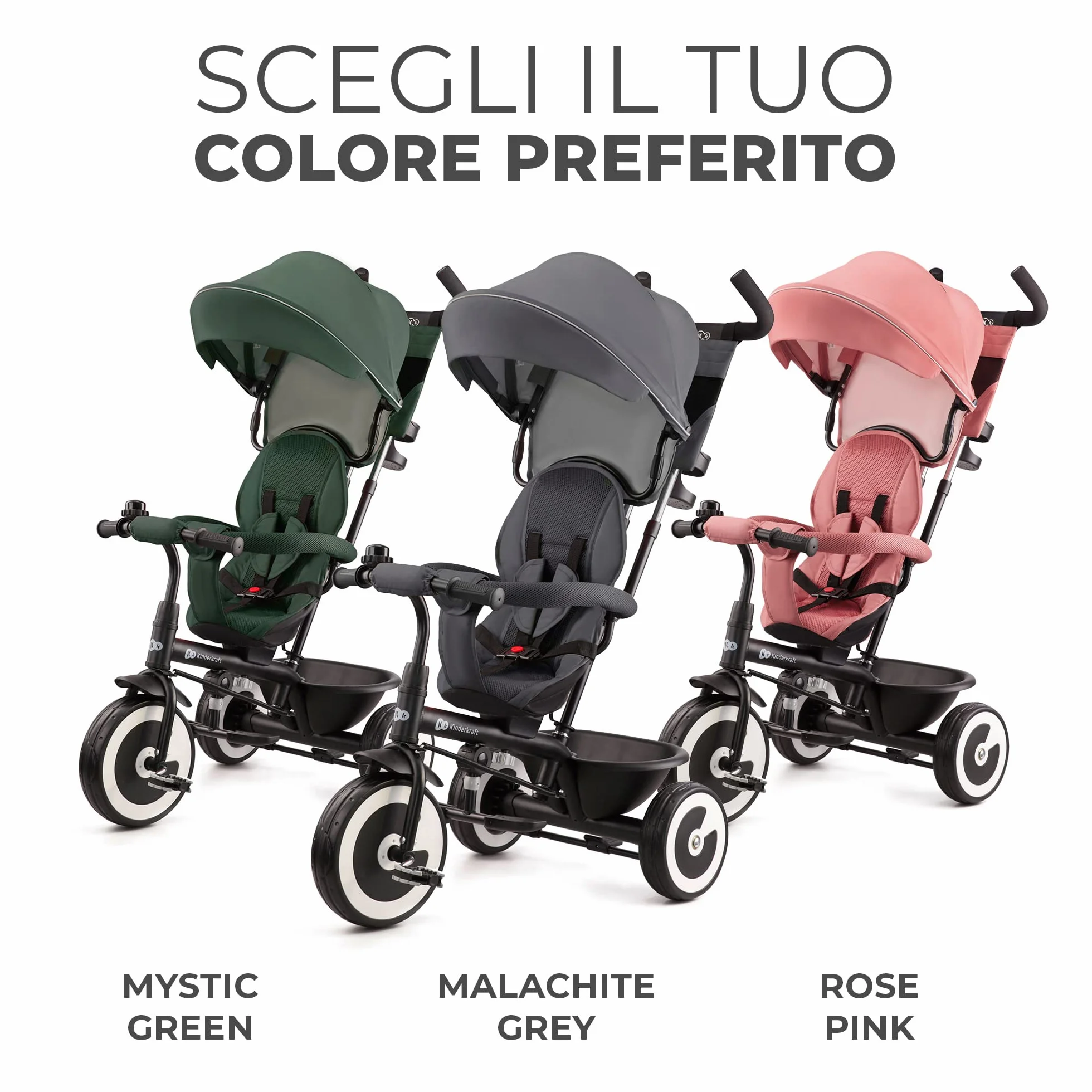 Kinderkraft ASTON Triciclo bambini dai 9 Mesi fino 25 kg, Passeggino con Maniglione regolabile, Bici, Sedile girevole Fronte Mamma e Strada, Cappottina pieghevole, Ruota libera, Rosa
