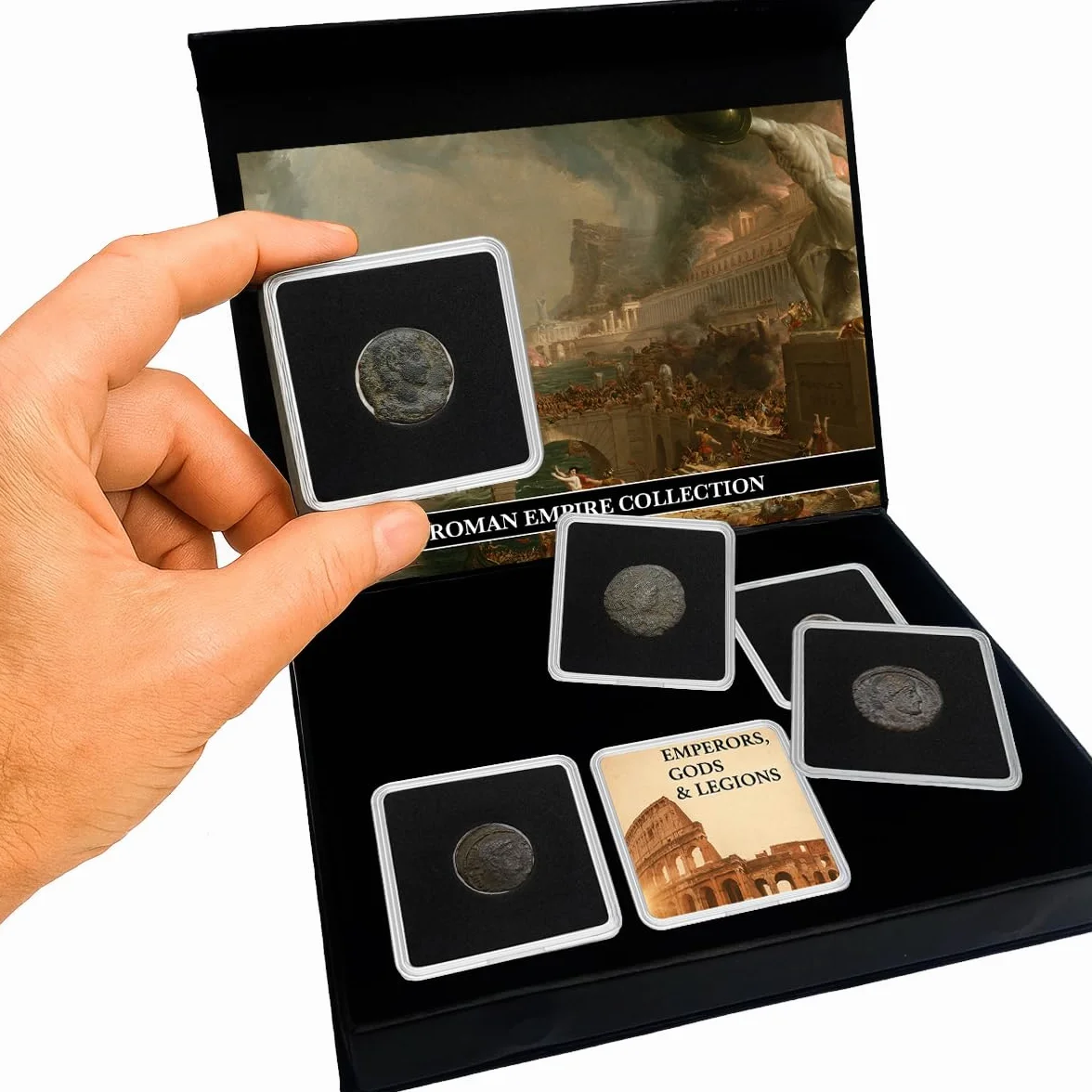 IMPACTO COLECCIONABLES | Edizione Scatola da Collezione di Monete Romane Autentiche Certificate, 5 Monete di Imperatori, Legioni e divinità incapsulate: la Storia dell’Impero nelle tue Mani