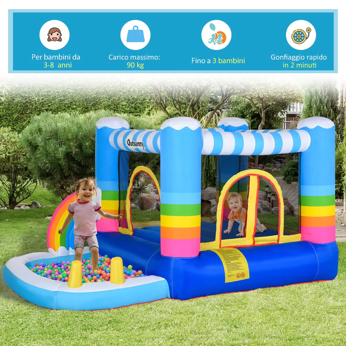 Outsunny Castello Gonfiabile per Bambini con Trampolino e Piscina, Pompa Elettrica Inclusa 280x170x155cm, Multicolore