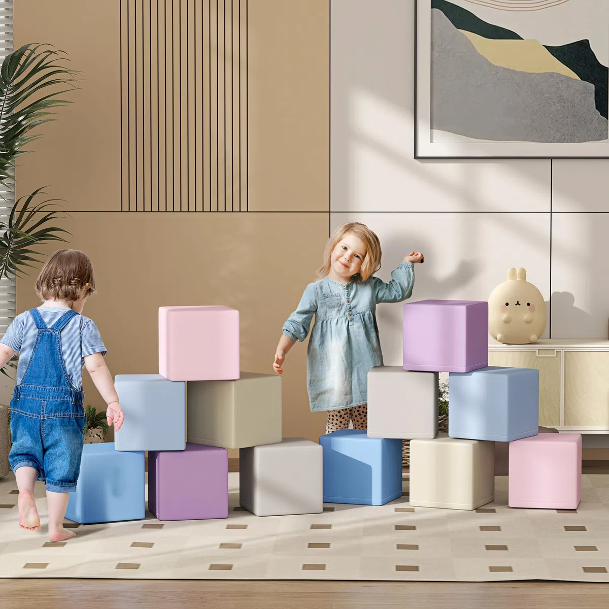 HOMCOM Set 12 Blocchi Schiuma per Bambini 12-36 Mesi, Costruzioni Morbide PU EPE 20x20x20 cm, Multicolore Chiaro