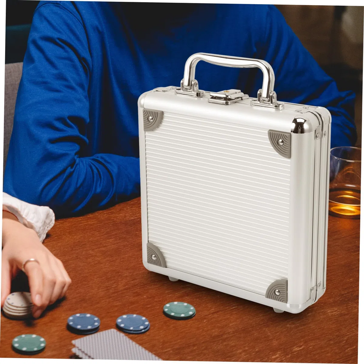 Custodia e Design Scomparti Chiusura Capacità Grande a Maniglia in Lega Argento a Fibbia per Chips Poker Accessori Stanza Gaming