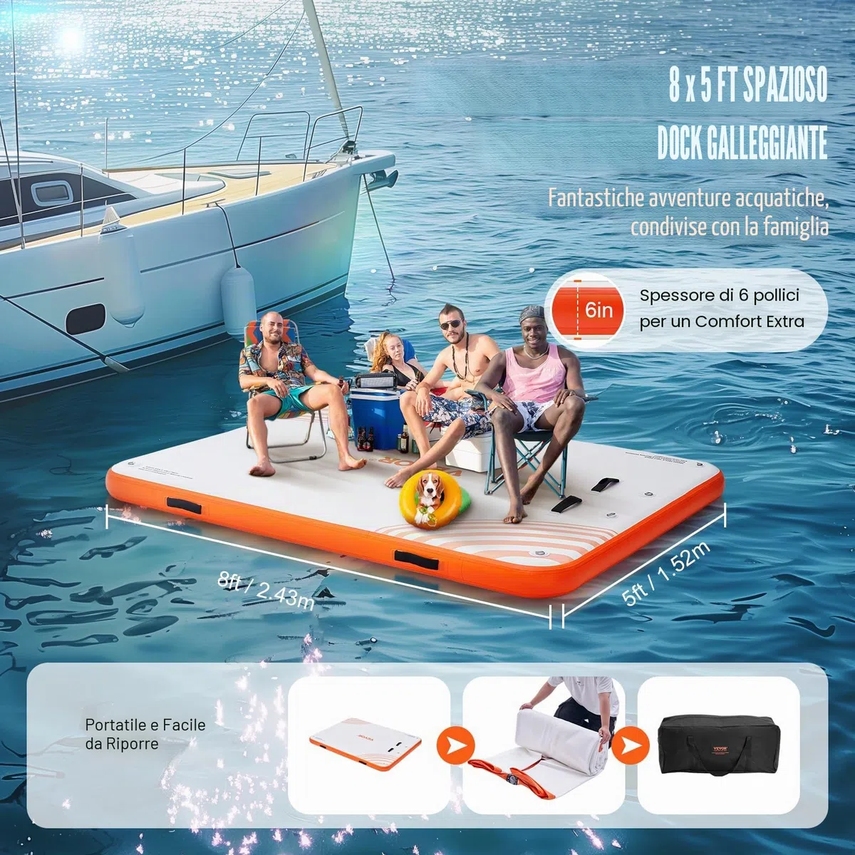 VEVOR Pontile Galleggiante Gonfiabile, Piattaforma 8x5 Piedi Tappetino Antiscivolo con Borsa per Il Trasporto Portatile Scaletta Rimovibile, Zattera per Isola per Piscina, Spiaggia