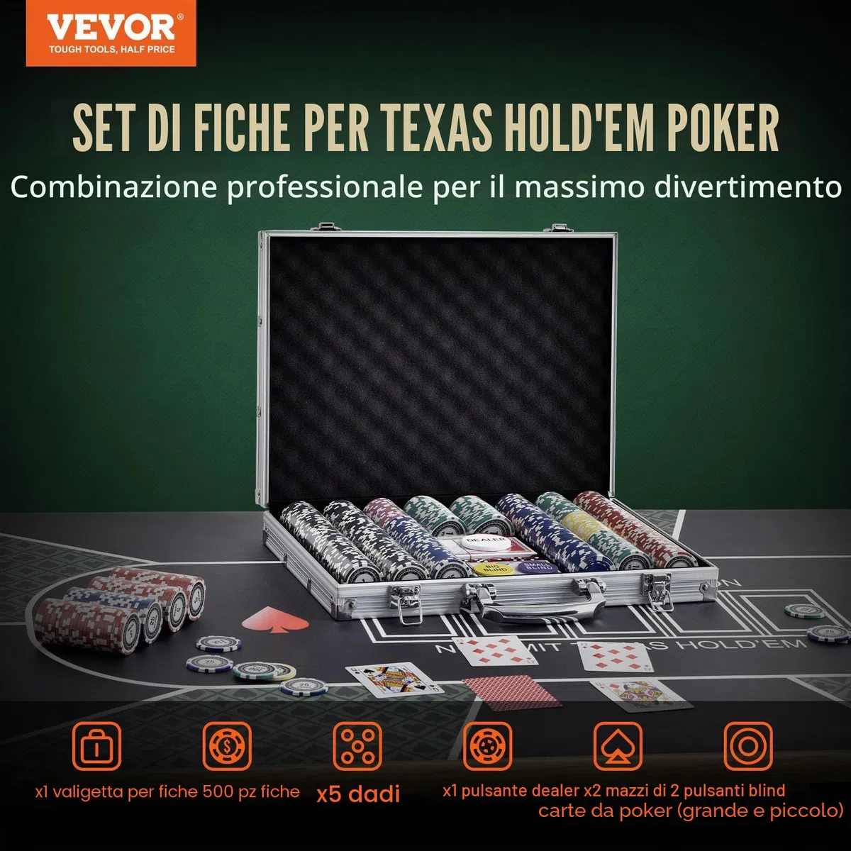 VEVOR Set Poker 500 Pezzi Valigetta Alluminio Fiches Carte Bottoni Dadi Texas Hold'em Blackjack