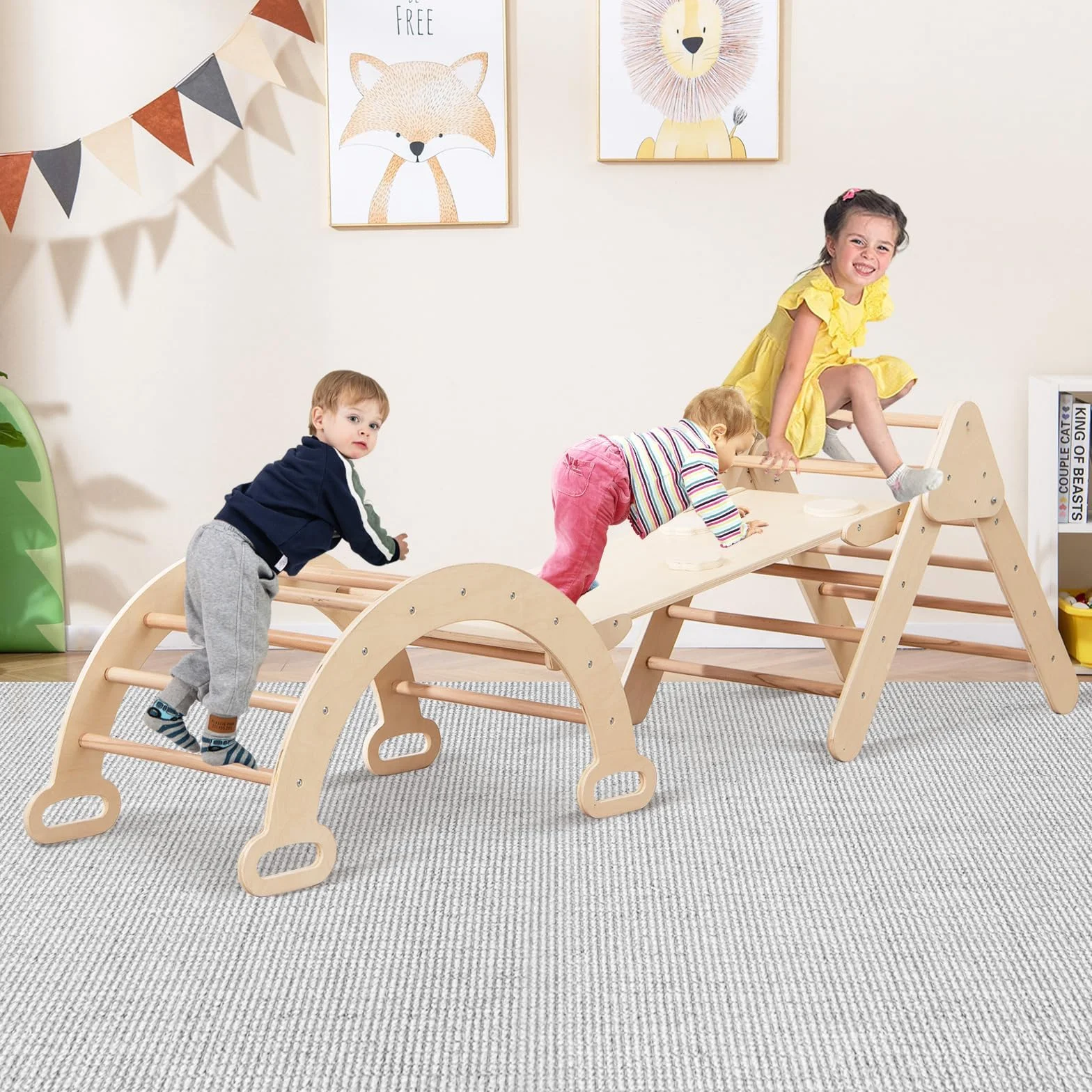 COSTWAY 4 in 1 Set da Arrampicata per Bambini, Giocattoli da Arrampicata a Triangolo con Triangolo Arco e Salita, Ideale per Bambini 1 Anni + (Naturale)