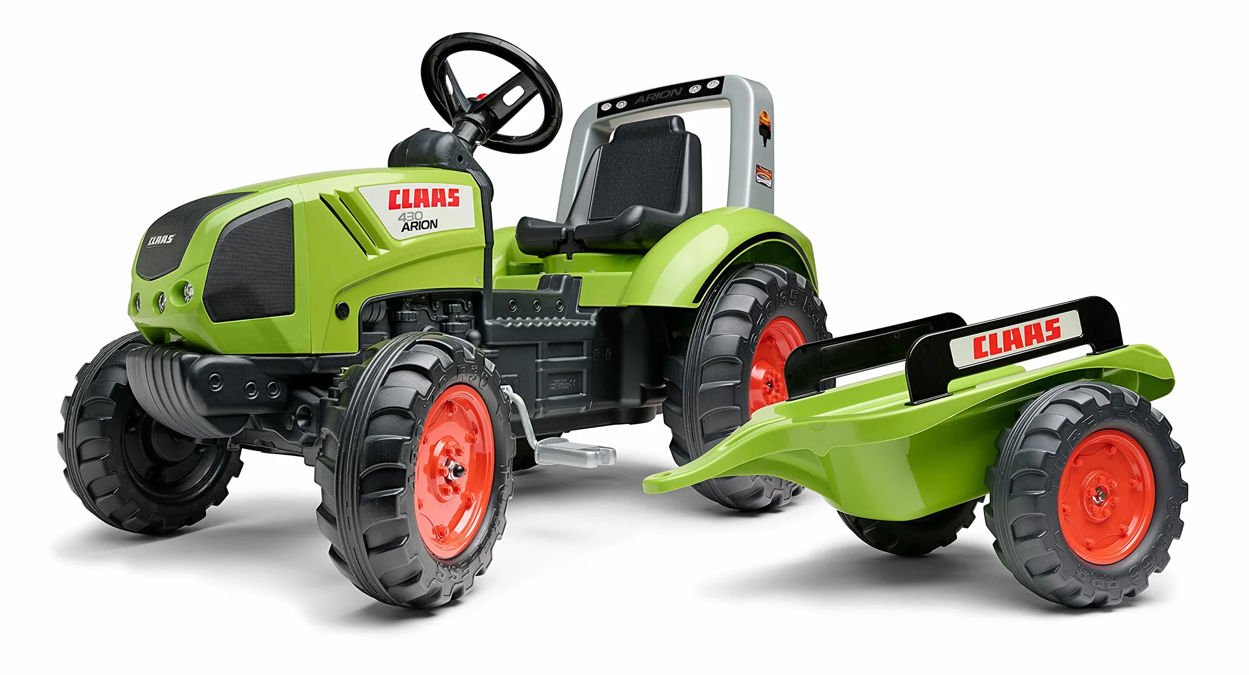 Falk 1040AB - Trattore a Pedali Claas con rimorchio, a Partire da 3 Anni, Prodotto in Francia, Volante direzionale con clacson, Sedile Regolabile