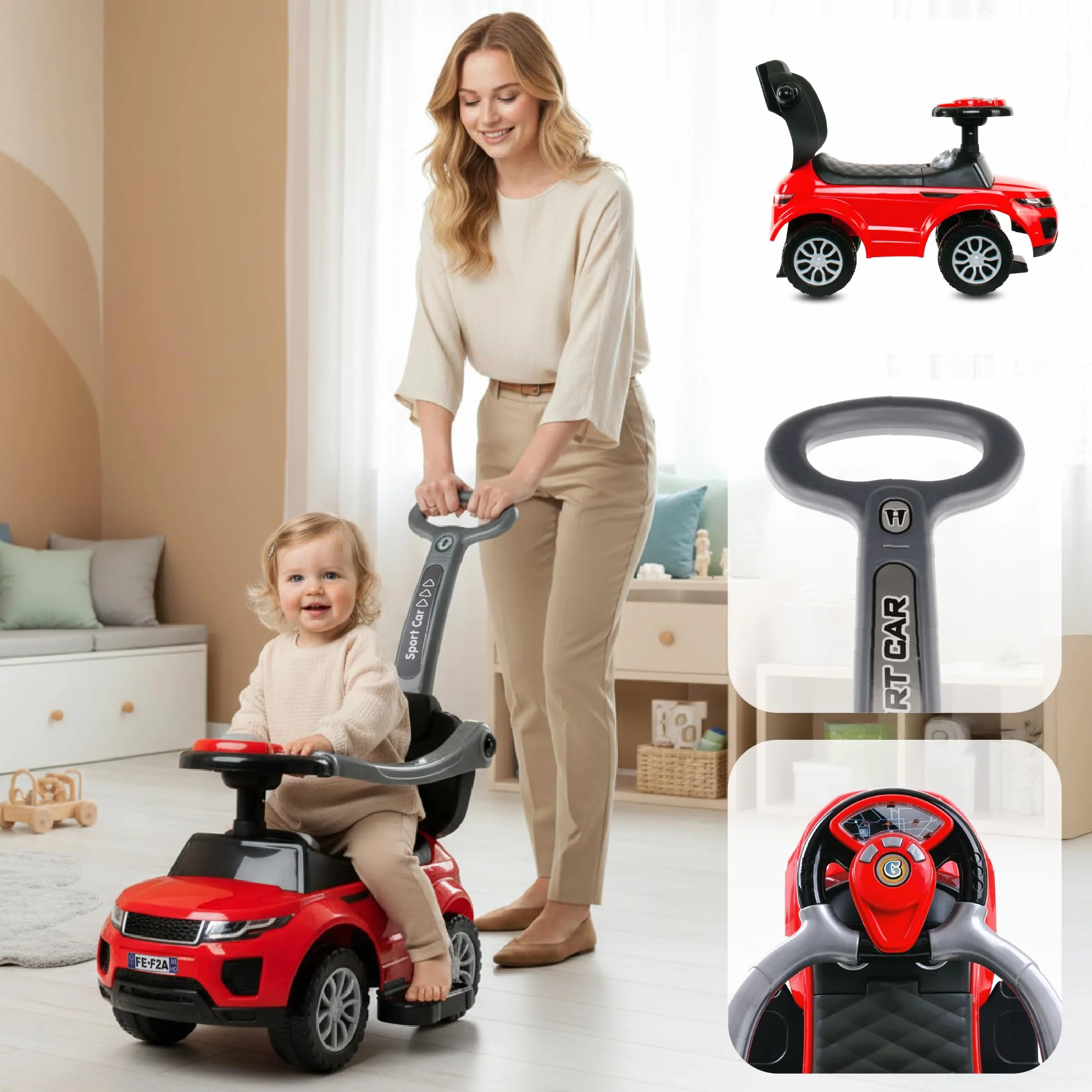 Auto a spinta per bambini 4in1, scivolo a partire da 1 anni, con clacson e musica, spazio per riporre i bagagli sotto il sedile (Rosso)