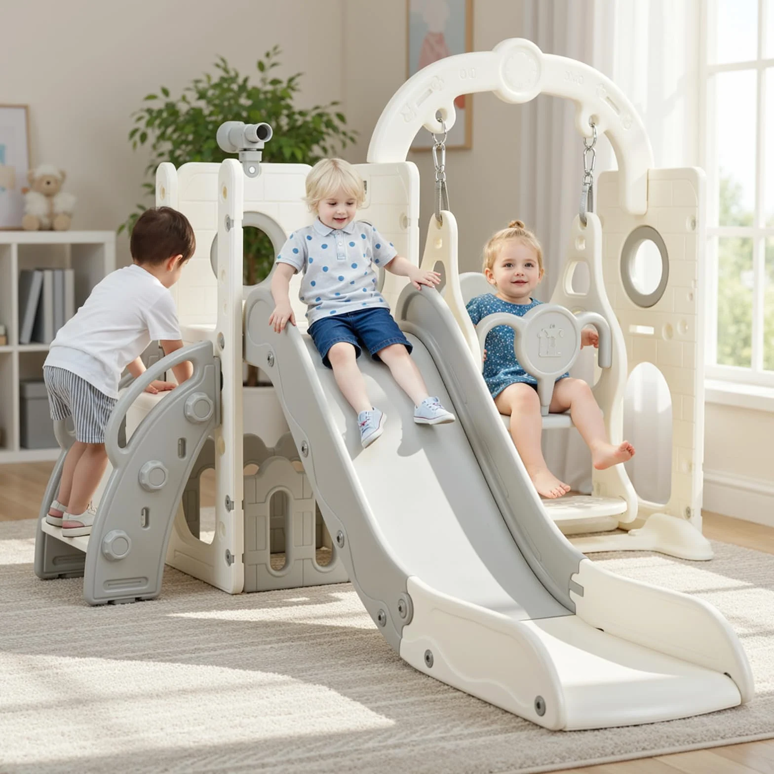 Scivolo per Bambini, Toddler Climber Swing Set, 5 in 1 Parco Giochi, con Altalena, Scivolo, Scala da Arrampicata, Telescopio, Deposito, Set di Giochi per Interni all'aperto, Scivolo Indipendente