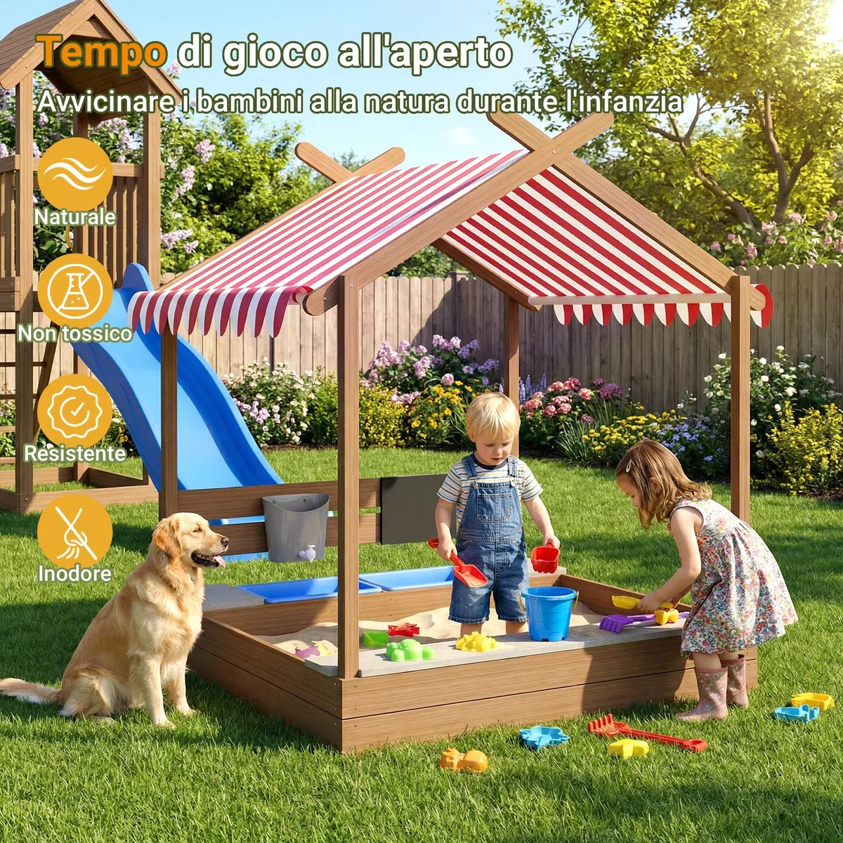 MAMIZO Grande Sabbiere da Esterno per Bambini 3-10 anni, Sandbox in Legno con Tetto, Recinto di Sabbia con Lavagna, Rubinetto, 2 Bacinella, Giardini Playhouse per Spiagge, Balconi, 113x116x142 CM