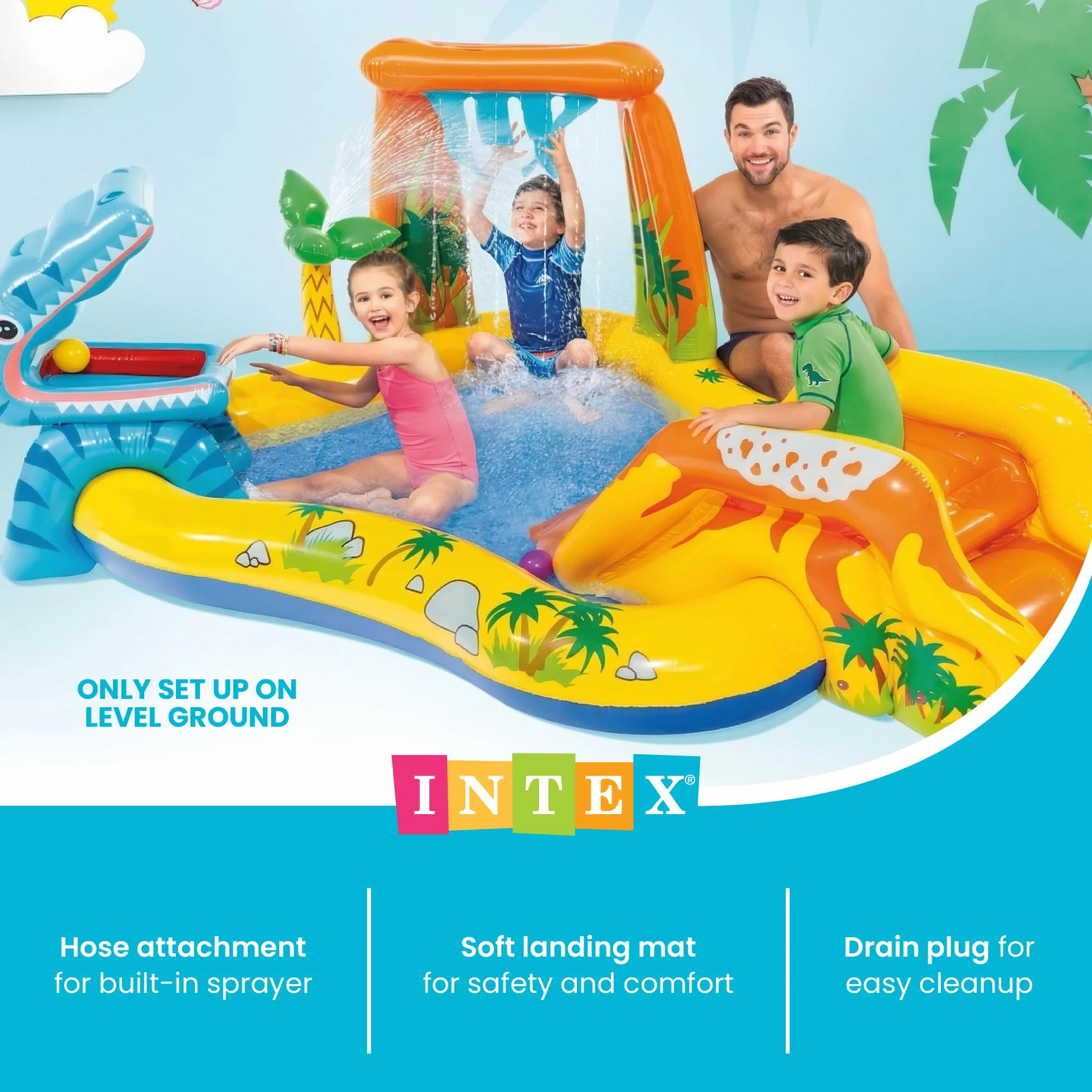 Intex 57444NP - Piscina Gonfiabile Playground Dinosauri, Vinile, Multicolore, 249x191x109 cm