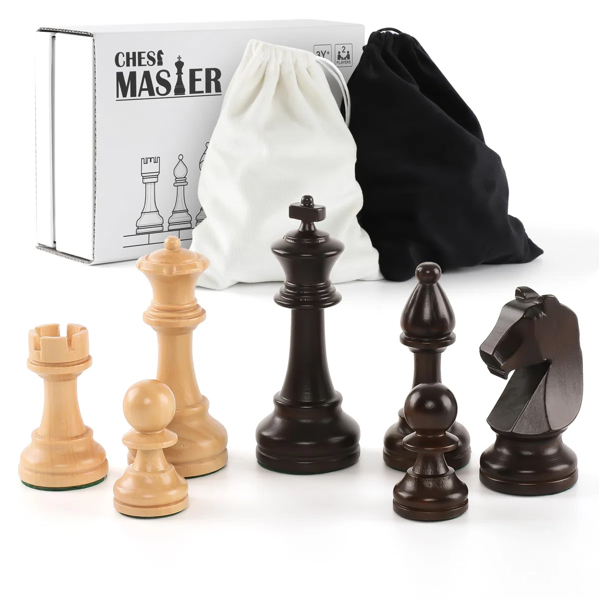 Set di pezzi di scacchi in legno - 32 figure da torneo fatte a mano in legno naturale con re da 9,5 cm - Design lusso Staunton, include sacchetto per il trasporto (senza scacchiera)