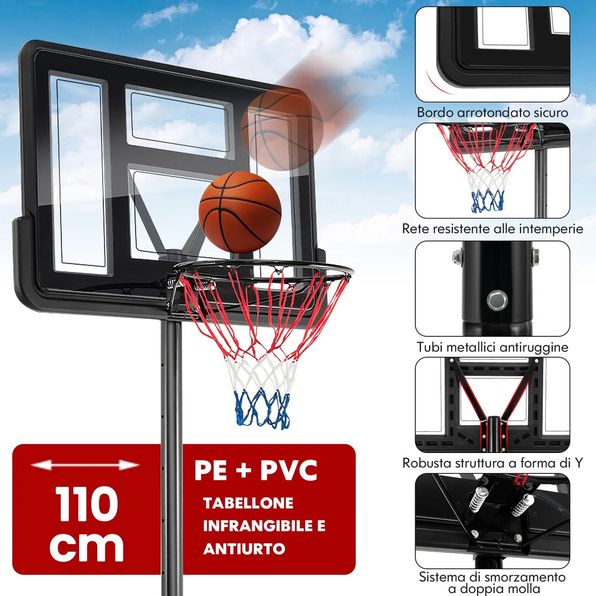 COSTWAY Canestro da Basket Regolabile in Altezza 130-305 cm, Resistente alle Intemperie con Tabellone da 110 cm, Canestro da Basket da Esterno ed Interno per Adulti e Adolescenti
