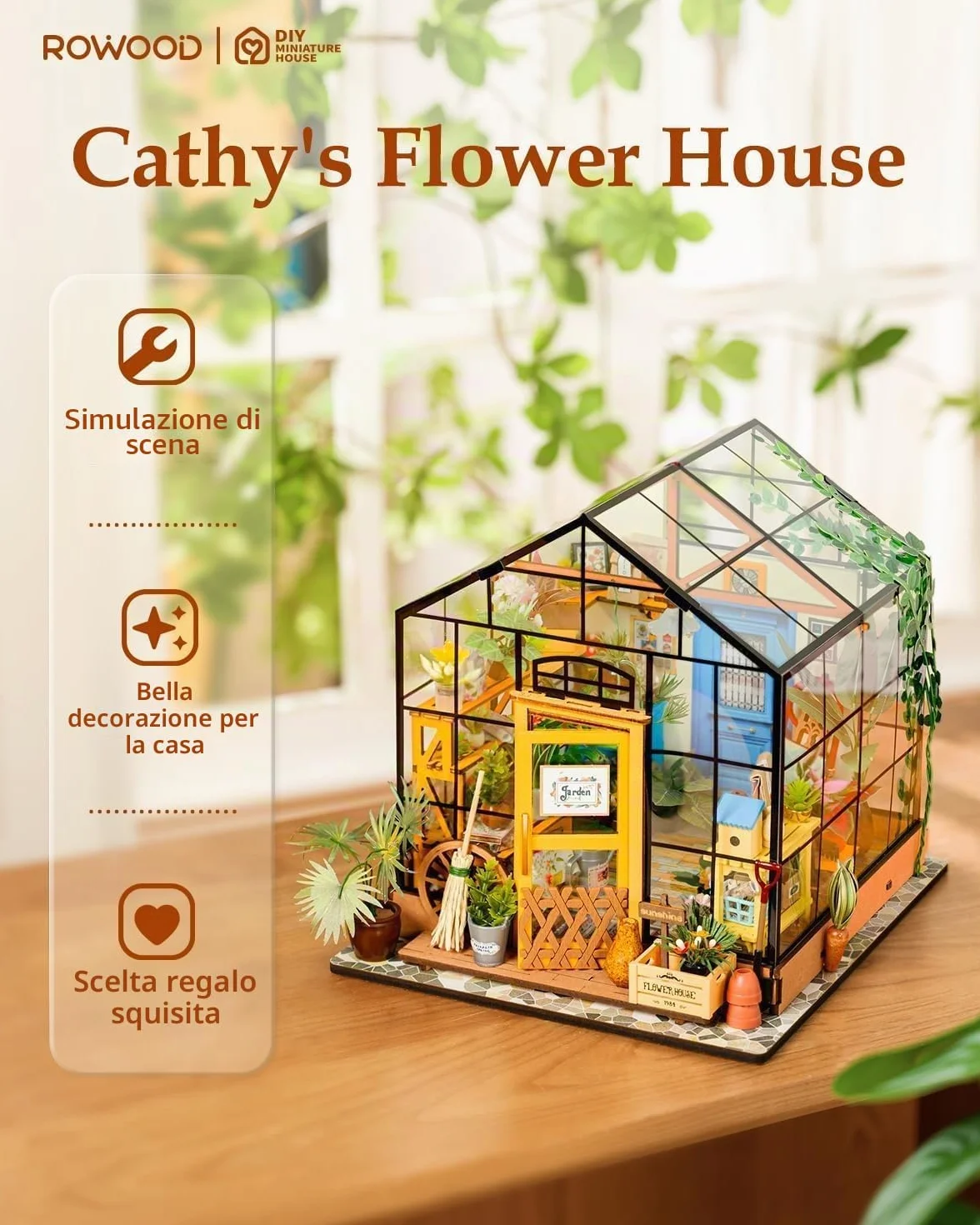 ROWOOD Casa Delle Bambole Serra, Stanza in Miniatura Fai Da Te con Luce Led, Kit di Costruzione di Modelli In Legno per Adulti, Casa Dei Fiori di Cathy