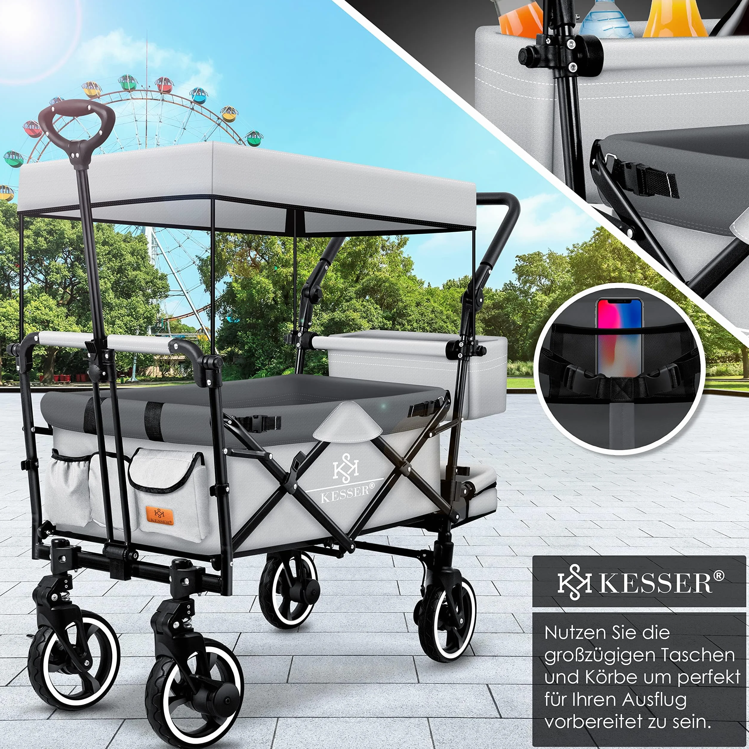 KESSER® - Carrello pieghevole manuale GTS-9100 con tettoia, carrello pieghevole con 2 sistemi con cinture a 3 punti, ruote in gomma girevoli a 360° e sistema di prolungamento interno, freno anteriore
