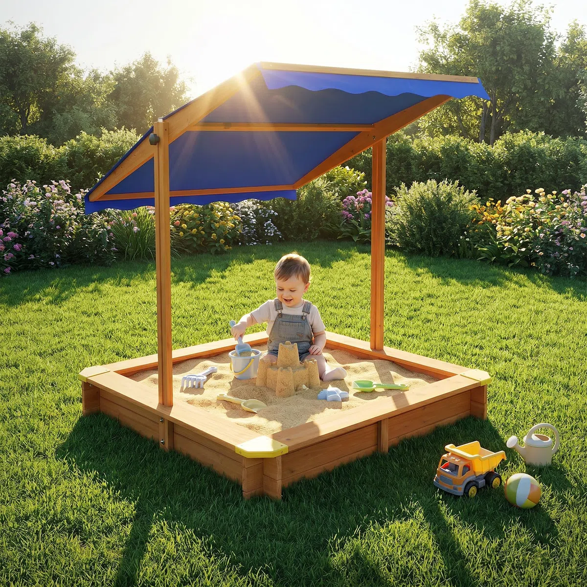 ML-Design Sabbiera con Tetto Regolabile 118x118 cm, in Legno Massello, Sandbox per Bambini con Copertura, Tessuto Base e Bordi Rinforzati, Protezione UV 50, Sabbionaia da Giardino, Gioco da Esterno