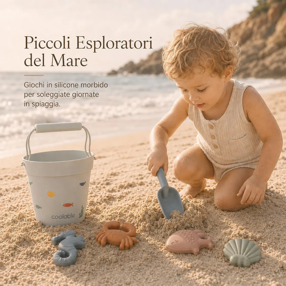 Set di 6 Giocattoli da Spiaggia in Silicone per Bambini - Secchiello Pieghevole, Paletta, 4 Formine e Borsa a Rete - Creature Marine