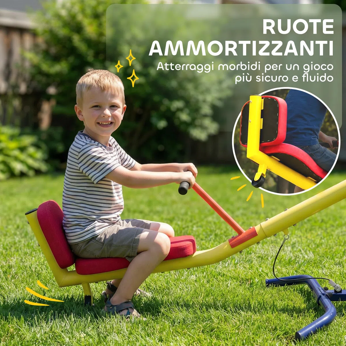 AIYAPLAY Altalena Bilico Bambini Girevole 360° 200kg 2 Posti Maniglie Antiscivolo Sedili Imbottiti Schienale Ruote Dondolo Esterno 253x96x75 cm