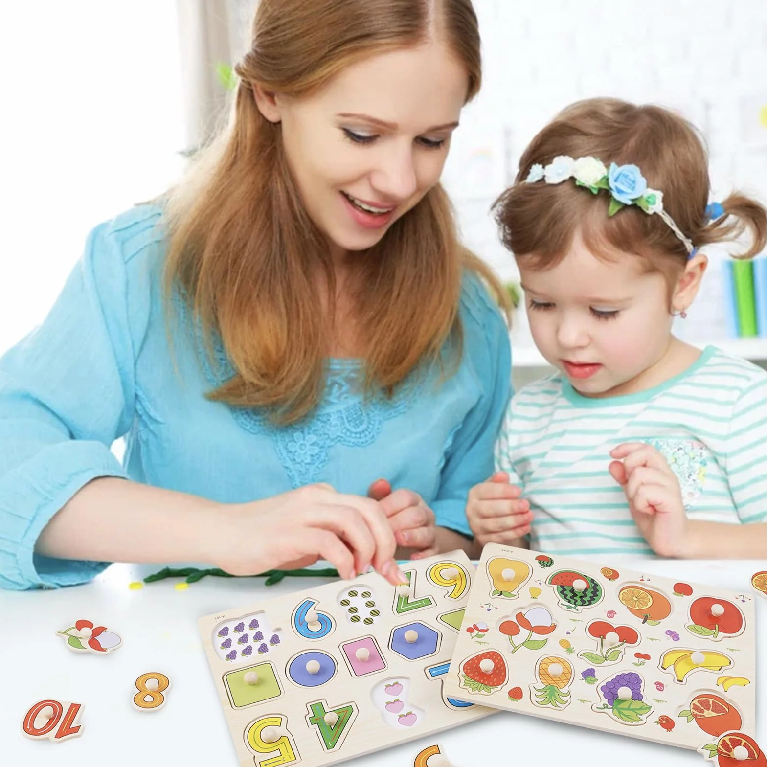 Puzzle con Bottoni in Legno per Bambini, 6 Pezzi Montessori Puzzle, Giocattolo Educativo Regalo per Bambini Ragazzi Ragazze
