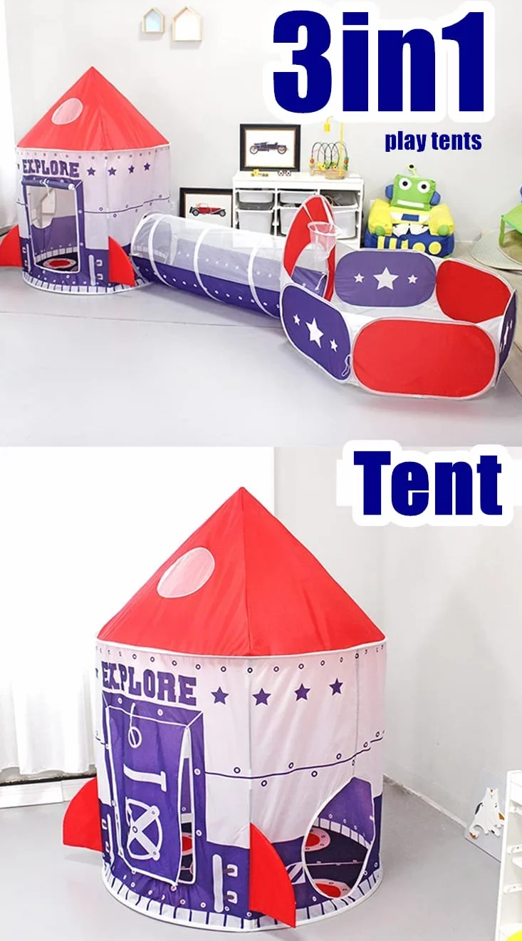 3 in 1 Bambini Tenda Gioco Tunnel Palla Buca Playhouse con Canestro da Basket Blu Scuro