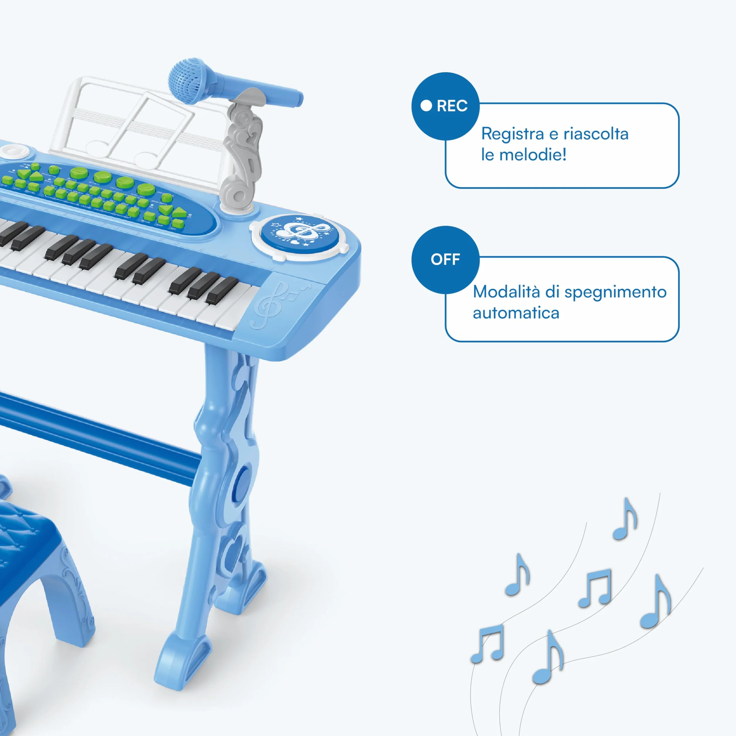 Baroni Toys Tastiera Elettronica con Sgabello per Bambini 3+ Anni con Microfono, Pianola Musicale con Melodie e Suoni Educativi, Tastiera 37 Tasti con Sedia Azzurra, 48x20x53cm