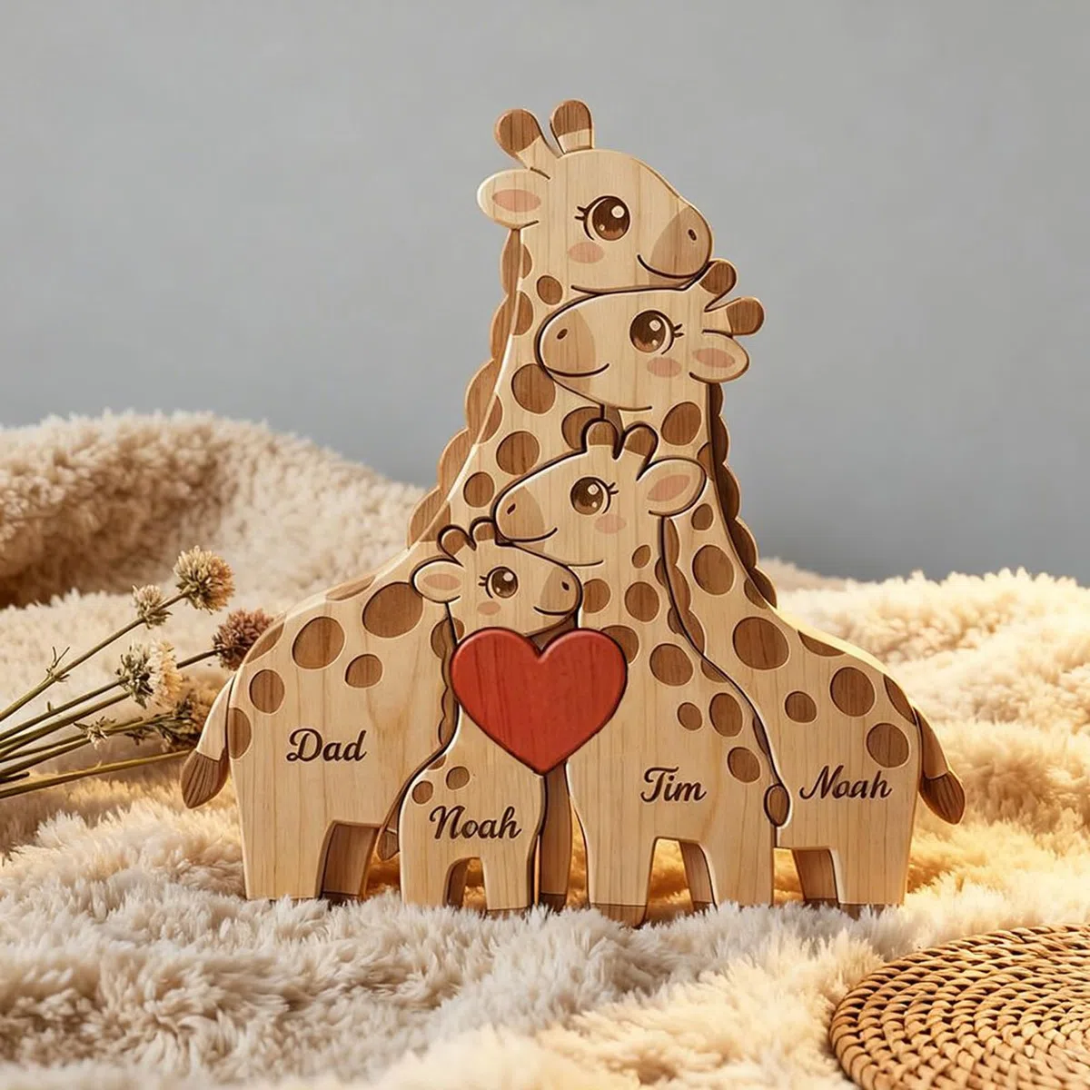 Drawelry Puzzle Personalizzato in Legno Famiglia Festa Della Mamma, Puzzle Legno Famiglia Animali con 2-9 nomi, Compleanno Natale Anniversario Decorazioni Casa (giraffa-b)