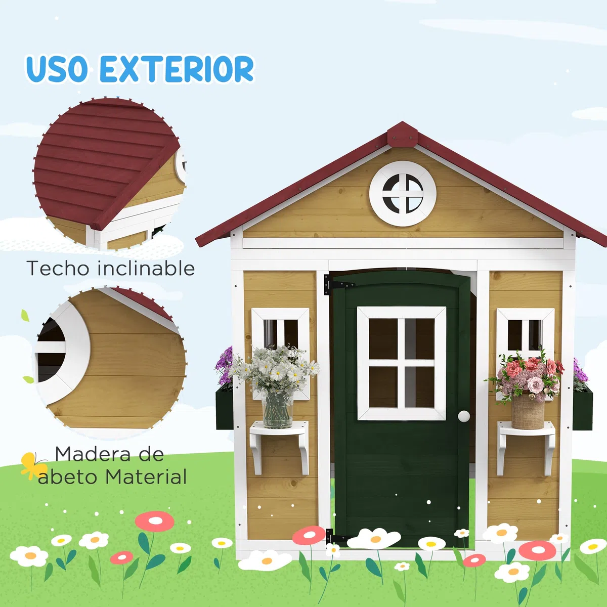 Outsunny Casetta da giardino in legno per bambini 114x126,4x135 cm