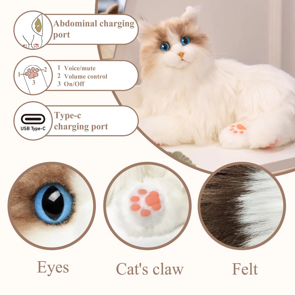 Chongker Robot Gatto Compagno Interattivo Peluche Fatto a Mano con Risposta Vocale Battito Cardiaco Ronzio Realistici Regali