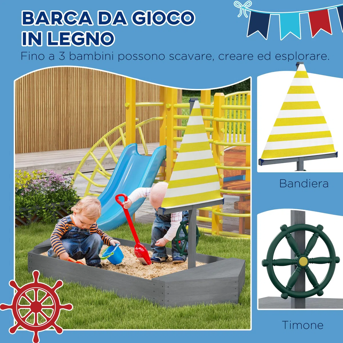 Outsunny Sabbiera per Bambini 3-8 Anni a forma di Barca senza Fondo, Sabbionaia in Legno di Abete e Poliestere, 190x90x138 cm, Multicolore