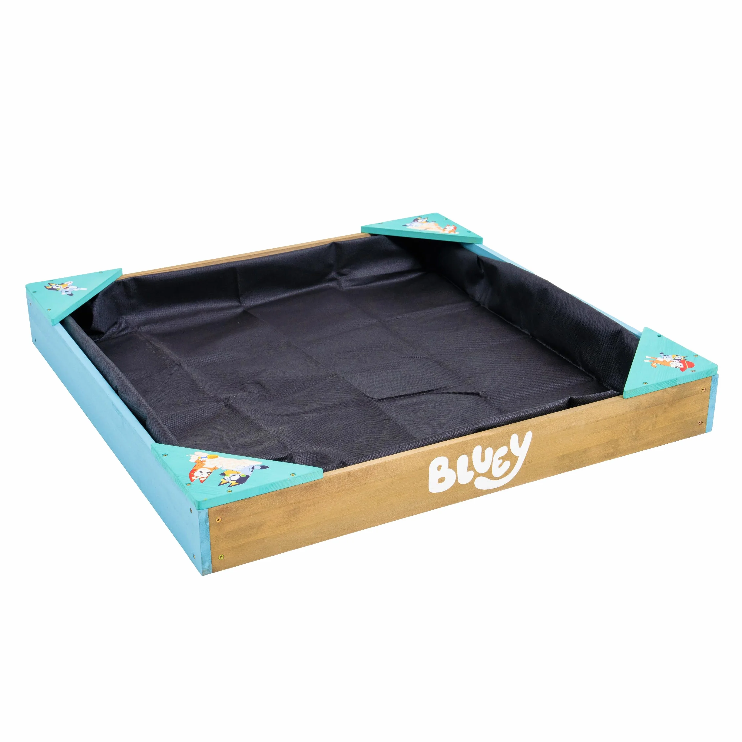 Bluey Sabbiera in legno con copertura, certificata FSC, per bambini, con sedili angolari, rivestimento poroso per acqua, copertura protettiva per giochi all'aperto, età 2+