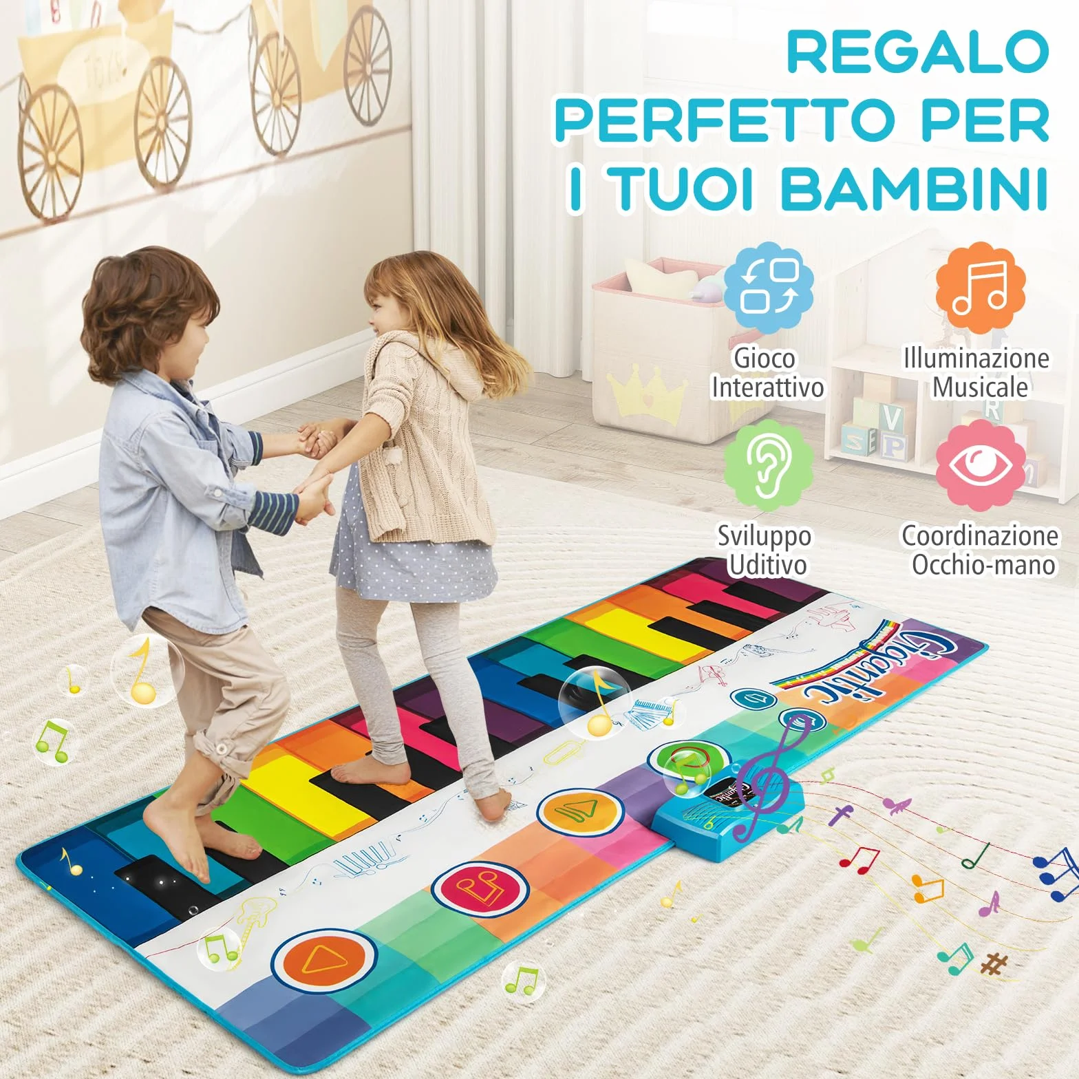 GYMAX Tappeto Pianoforte da 181 CM, Grande Tappeto da Ballo con Pianoforte a Tastiera con 24 Tasti, 8 Suoni di Strumenti, 10 Canzoni, Riproduzione e Volume Regolabile, per Bambini 3+ Anni
