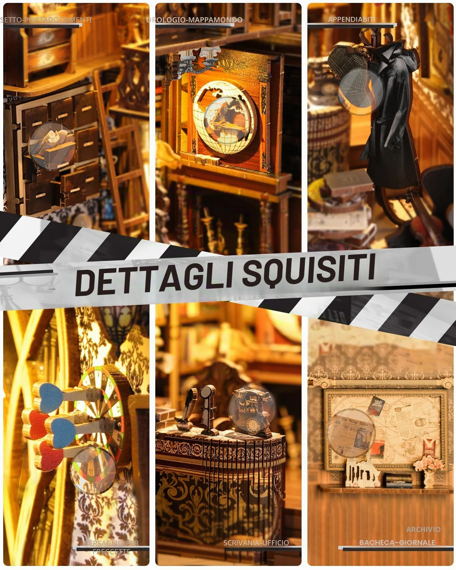 Quanquer Book Nook Kit_ con luce a LED, copertura antipolvere in miniatura, casa delle bambole in miniatura, libreria in legno 3D, puzzle in legno, detective office booknook(detective Office)