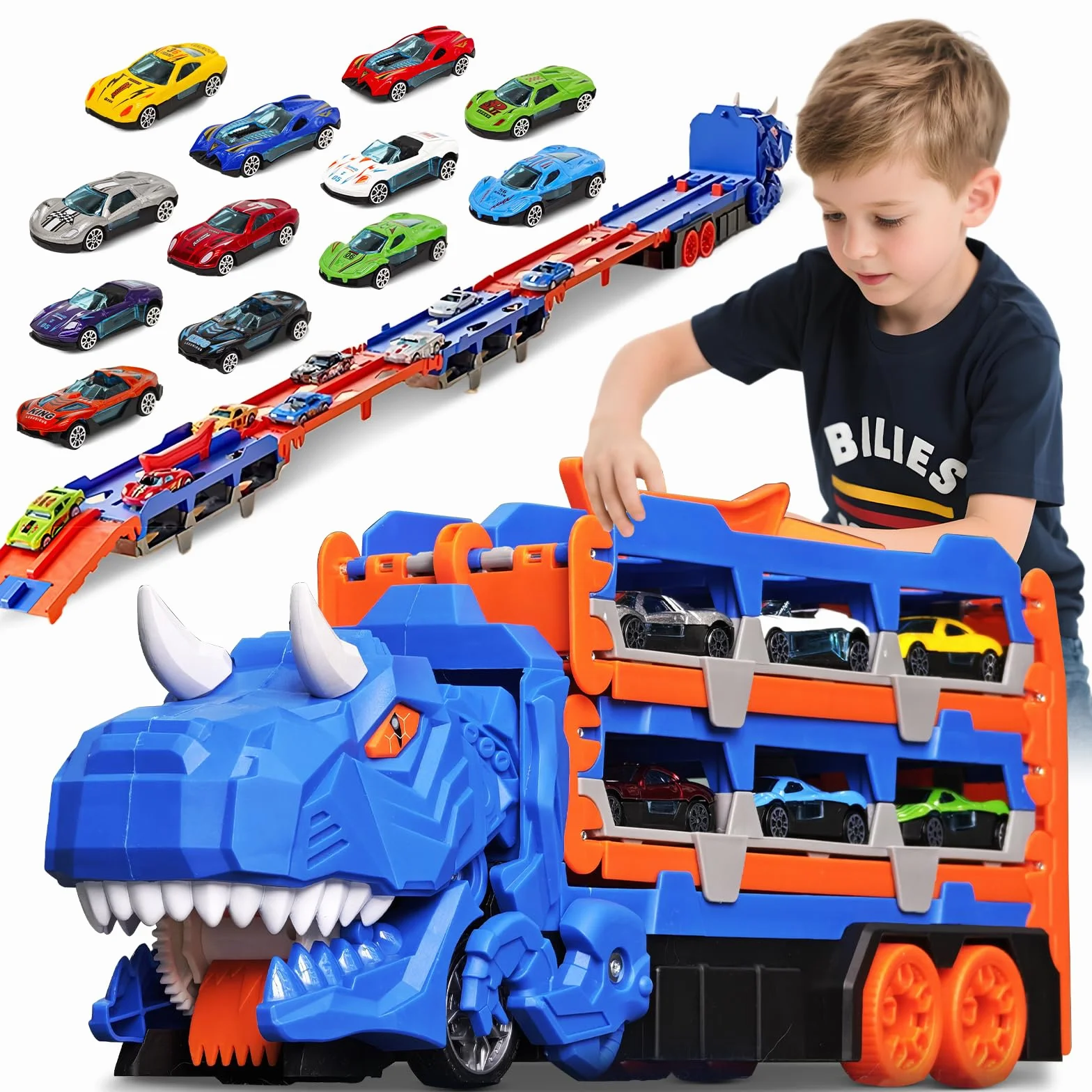 Sternstunde Camion Giocattolo Per Bambini, Con 12 Auto Da Corsa Macchinine Per Bambini, Auto Giocattolo Portatile Camion Dinosauro Per 3, 4, 5, 6 Anni Ragazzi Regalo Ragazzi (Blu)