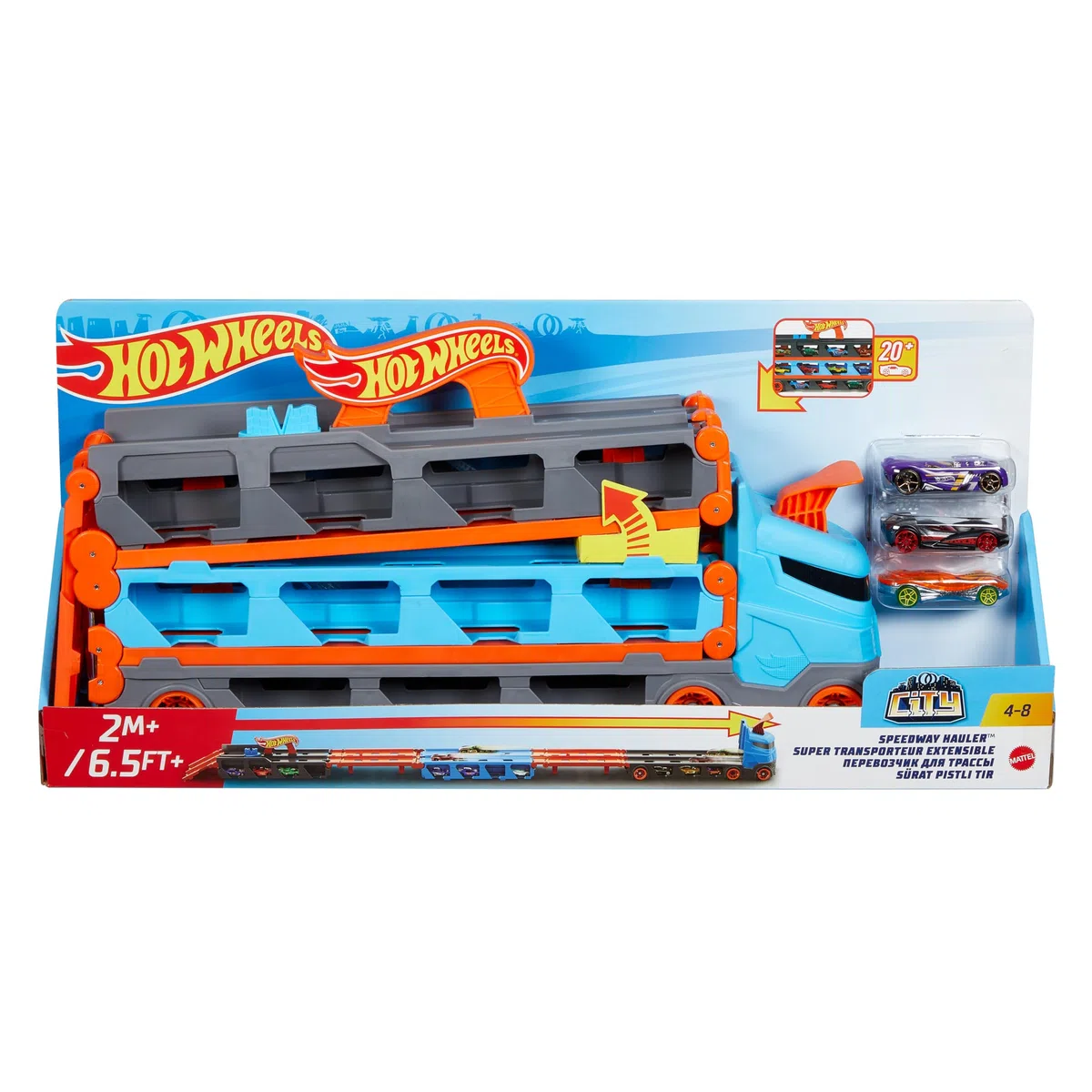 Hot Wheels Camion 2 in 1 Trasportatore e Pista GVG37 con 3 Macchinine, Giocattolo per Bambini 4+