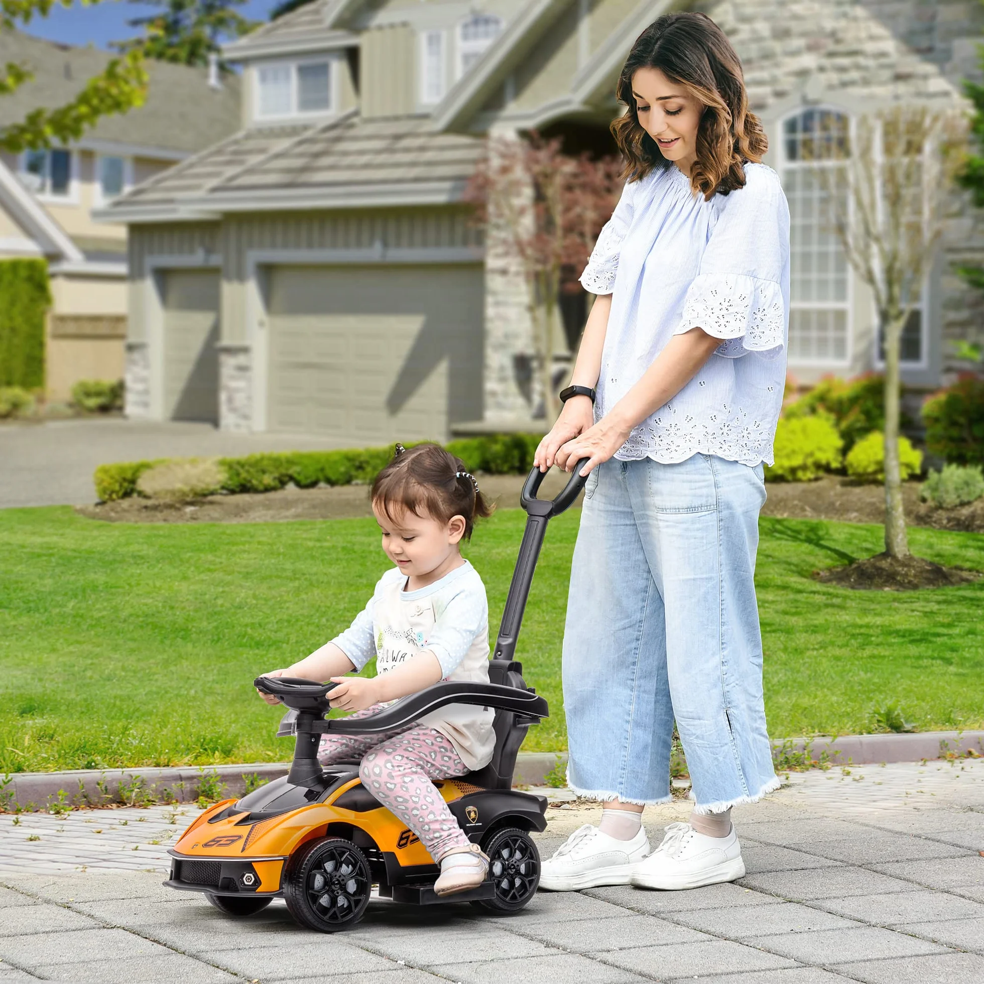 AIYAPLAY Lamborghini Macchinina per Bambini 2 in 1 con Maniglione e Barriera di Sicurezza, Volante e Clacson, Auto per Bambini in PP e Metallo, 86.5x40x89.5 cm, Arancione e Nero