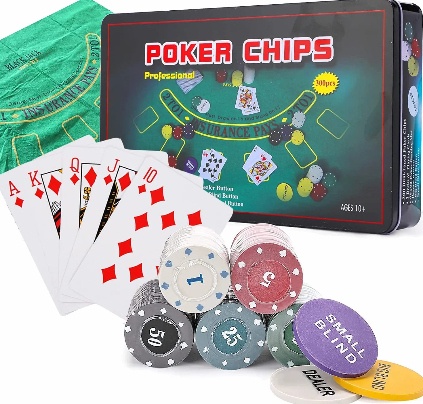 powerking Set da poker per Texas Holdem, Blackjack 300 chip, con tovaglia, gioco per amici e feste