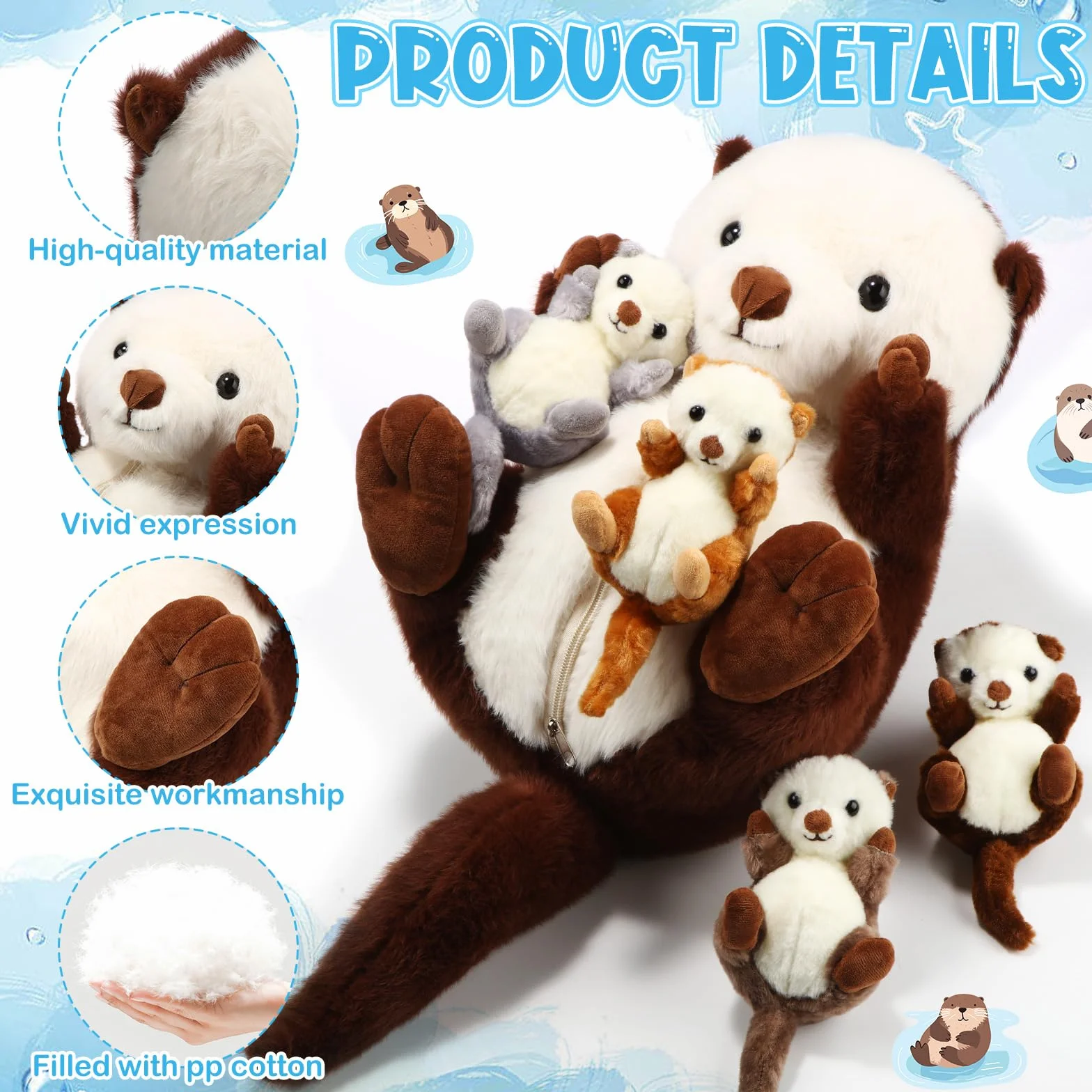 5 Pezzi Set di Animali di Peluche Mamma Lontra Marina con 4 Teneri Cuccioli nella Pancia Peluche 16,5 Pollici Lontra Marina Morbido e Coccoloso con Cerniera per Bambino Compleanno Natale