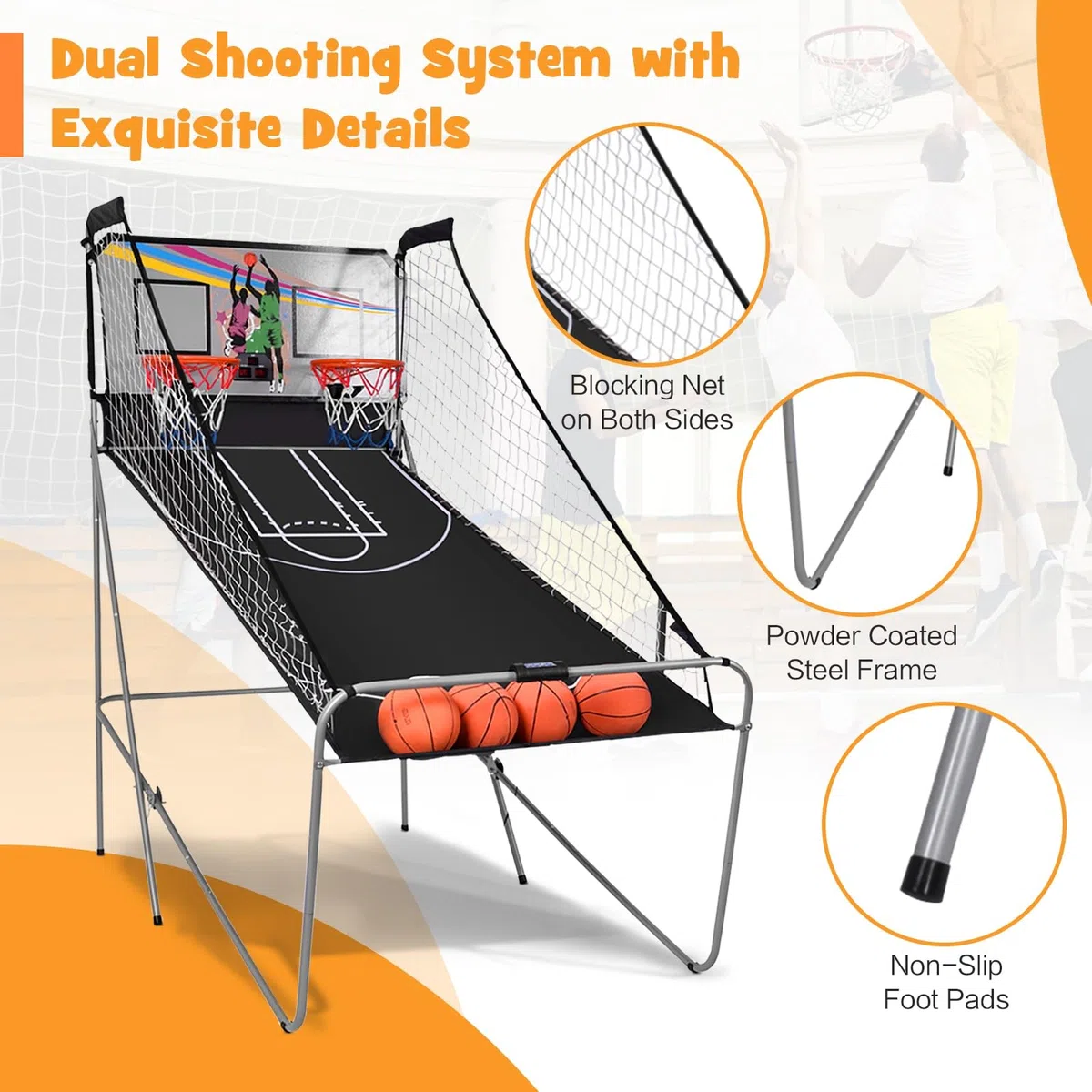 LIFEZEAL Gioco Arcade di Pallacanestro pieghevole, doppio cestino da Basket con 8 modalità di gioco e contatore per 2 persone, rete di sicurezza, telaio in metallo, 4 palloncini, 1 pompa (B)