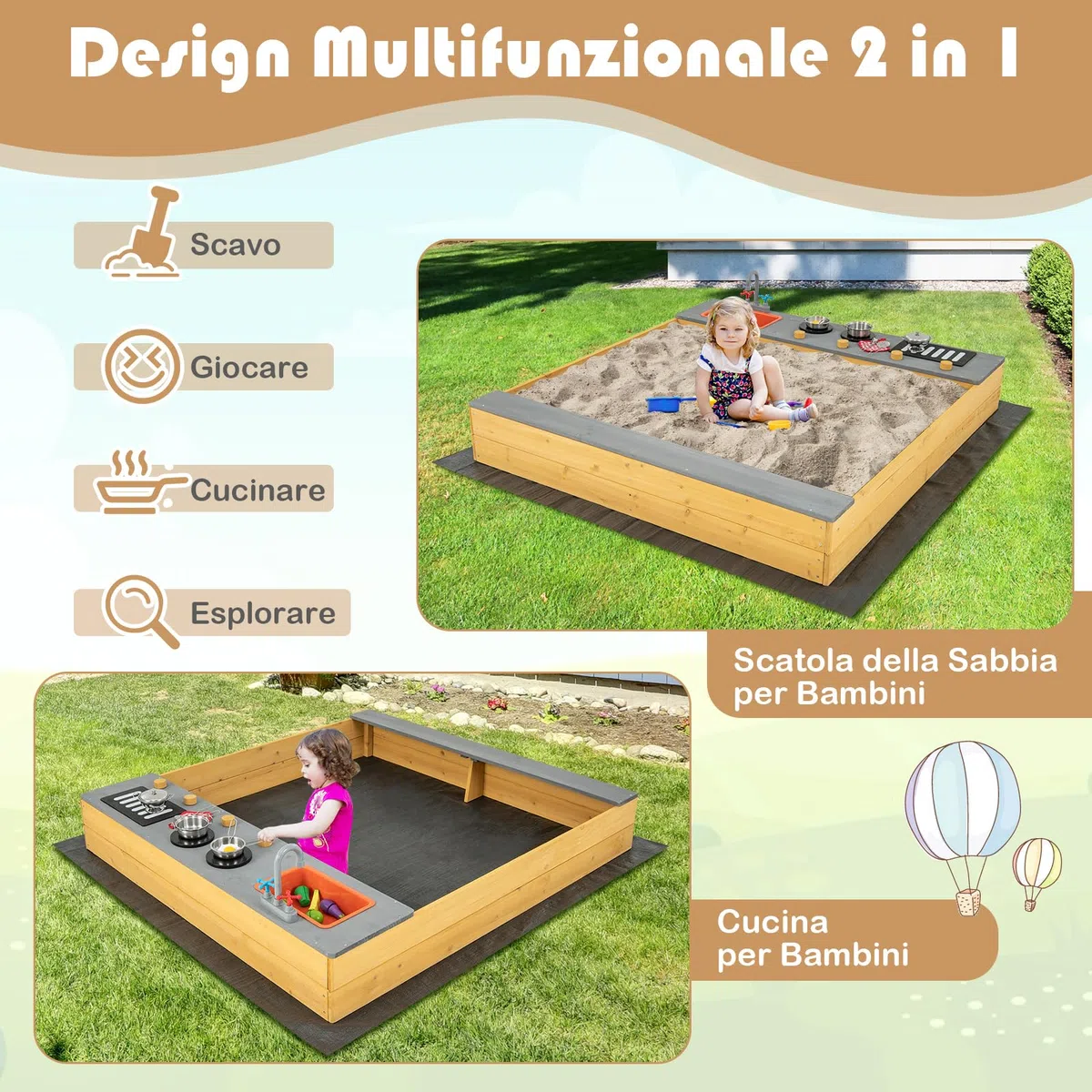 GYMAX Sabbiera in Legno per Bambini con Fodera Inferiore, Set Sabbiera da Gioco 3 in 1 per Bambini, Sedile a Panca, Sabbiera per Bambini da Esterno, per Bambini dai 3 ai 8 Anni, 135x125x20 cm